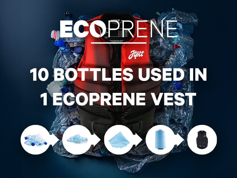 Red Jetpilot Hyperflex Ecoprene life vest on a backdrop of crushed plastic bottles showing the recycled neoprene process