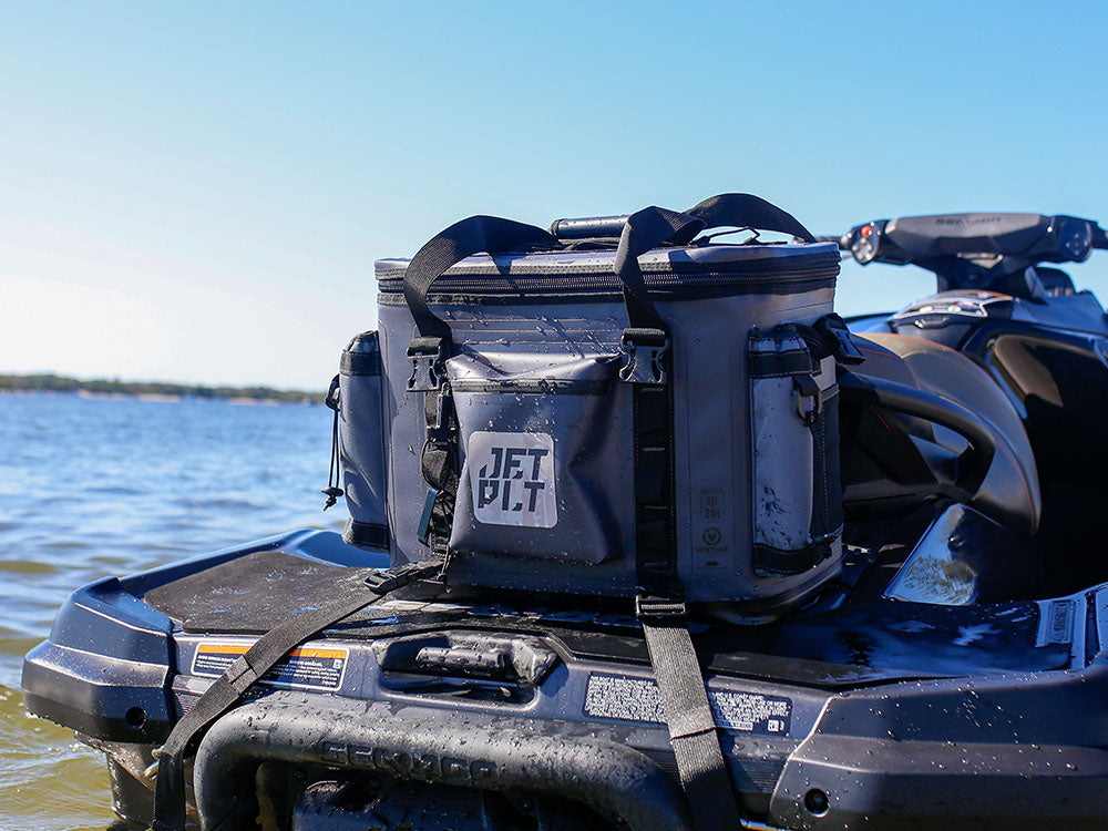 Jetpilot Venture Cooler on the back of a jetski on the water