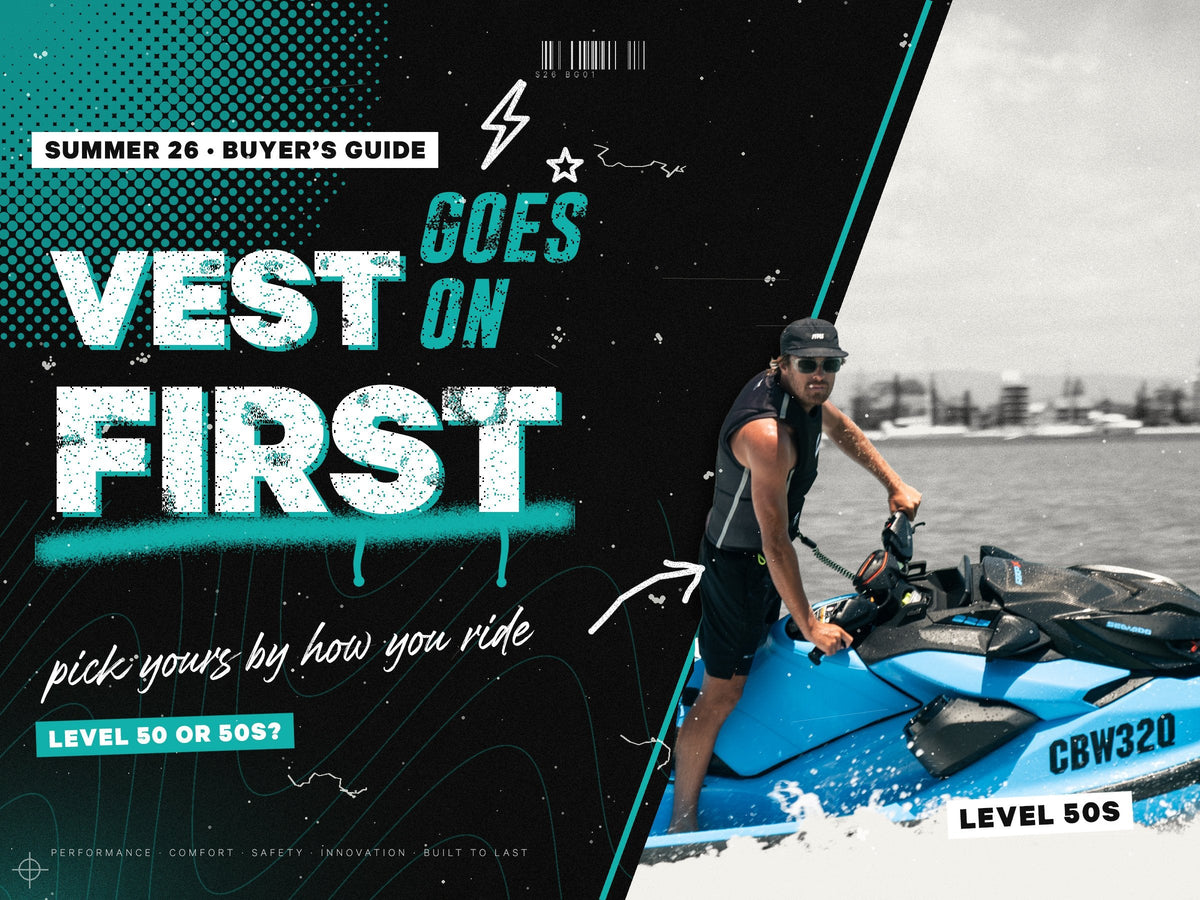 A jet ski rider in a black Jetpilot 40 Year Nighthawk vest, Level 50S, standing on a blue ski and breaking out of a black-and-white photo panel, beside the words Vest goes on first, pick yours by how you ride.