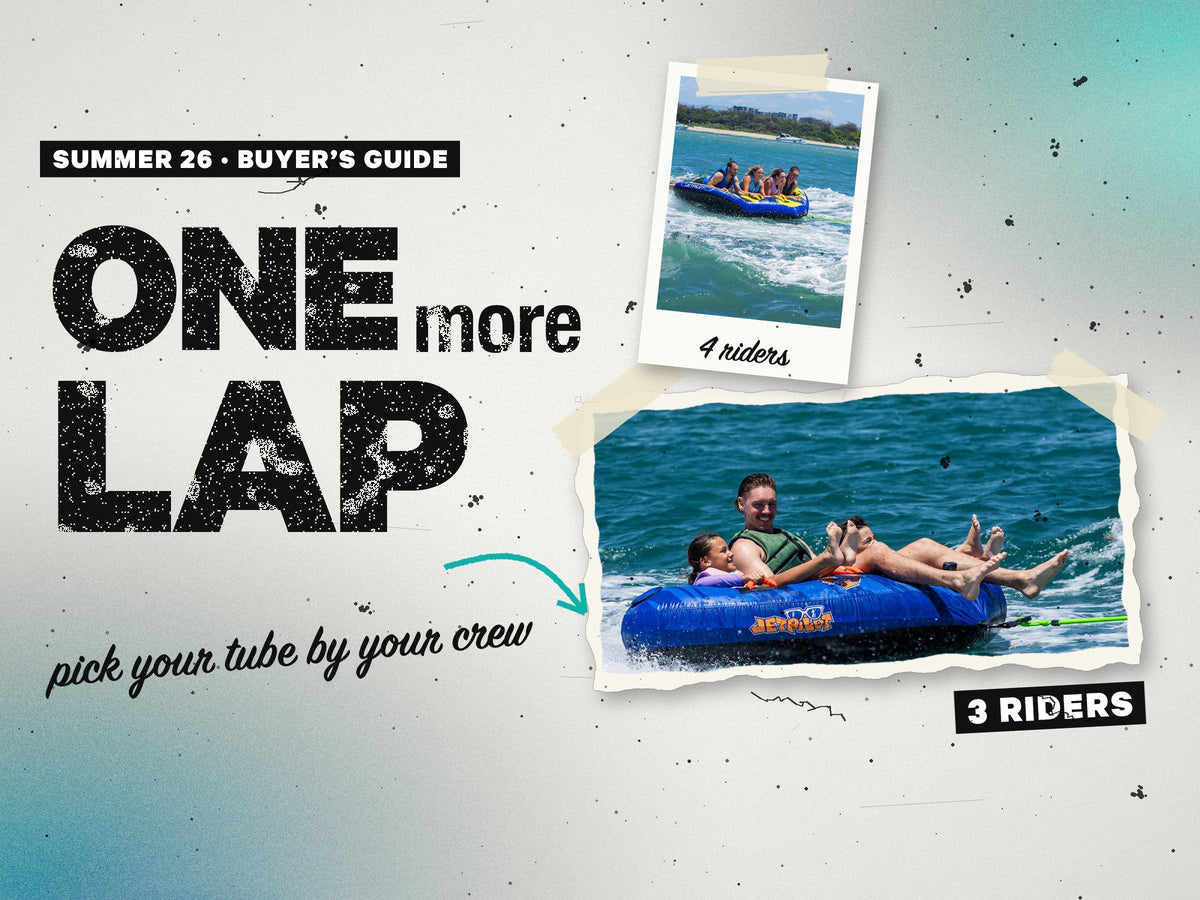 Collage of two Jetpilot ski tubes under tow, four riders on one and three on the other, beside the words One more lap.
