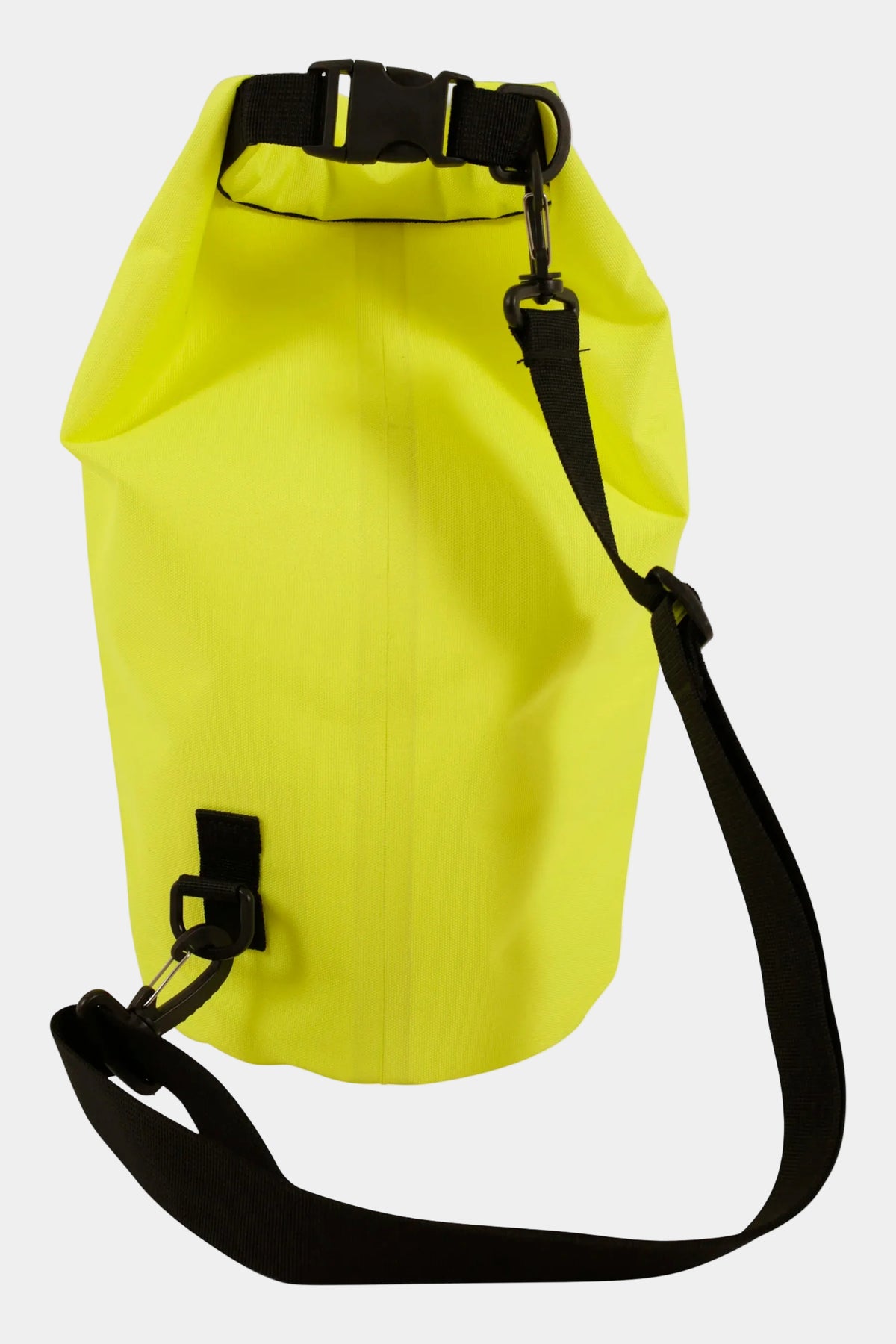 Back of the Fluro Yellow Venture Drysafe 10L with the rolled top buckled and the shoulder strap clipped on