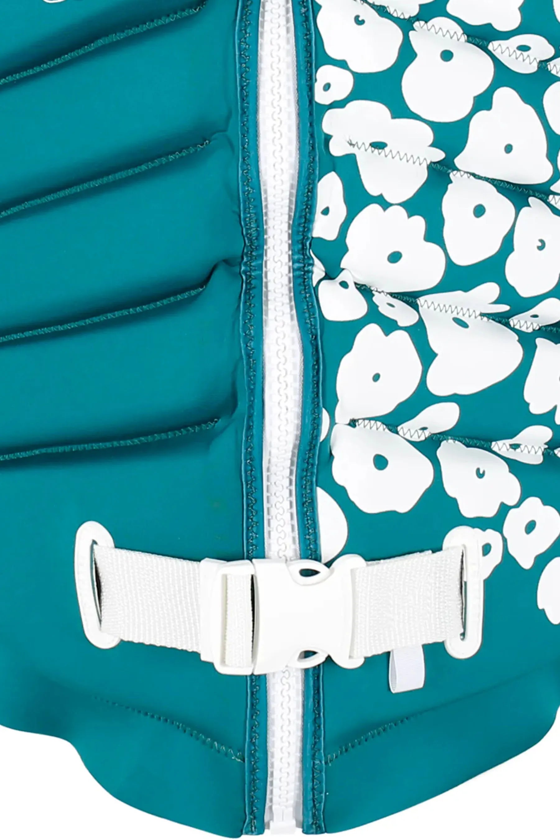 Jetpilot X1 Ladies Life Jacket - Isla - Green with white floral pattern and white buckle on a white background