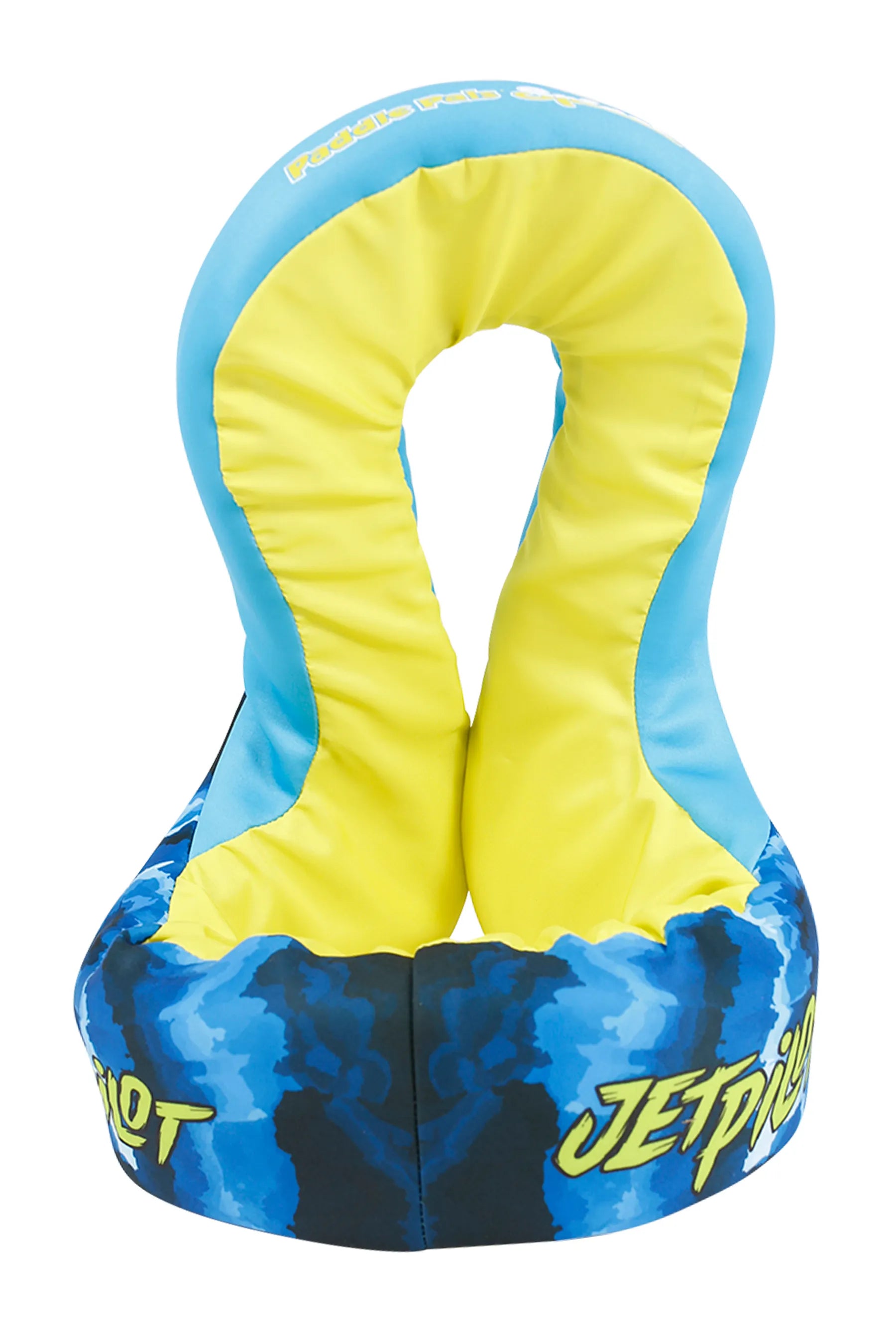 Blue and yellow Jetpilot Paddle Pal Splash Swim Vest - Blue life jacket with 'Jetpilot' branding on a white background