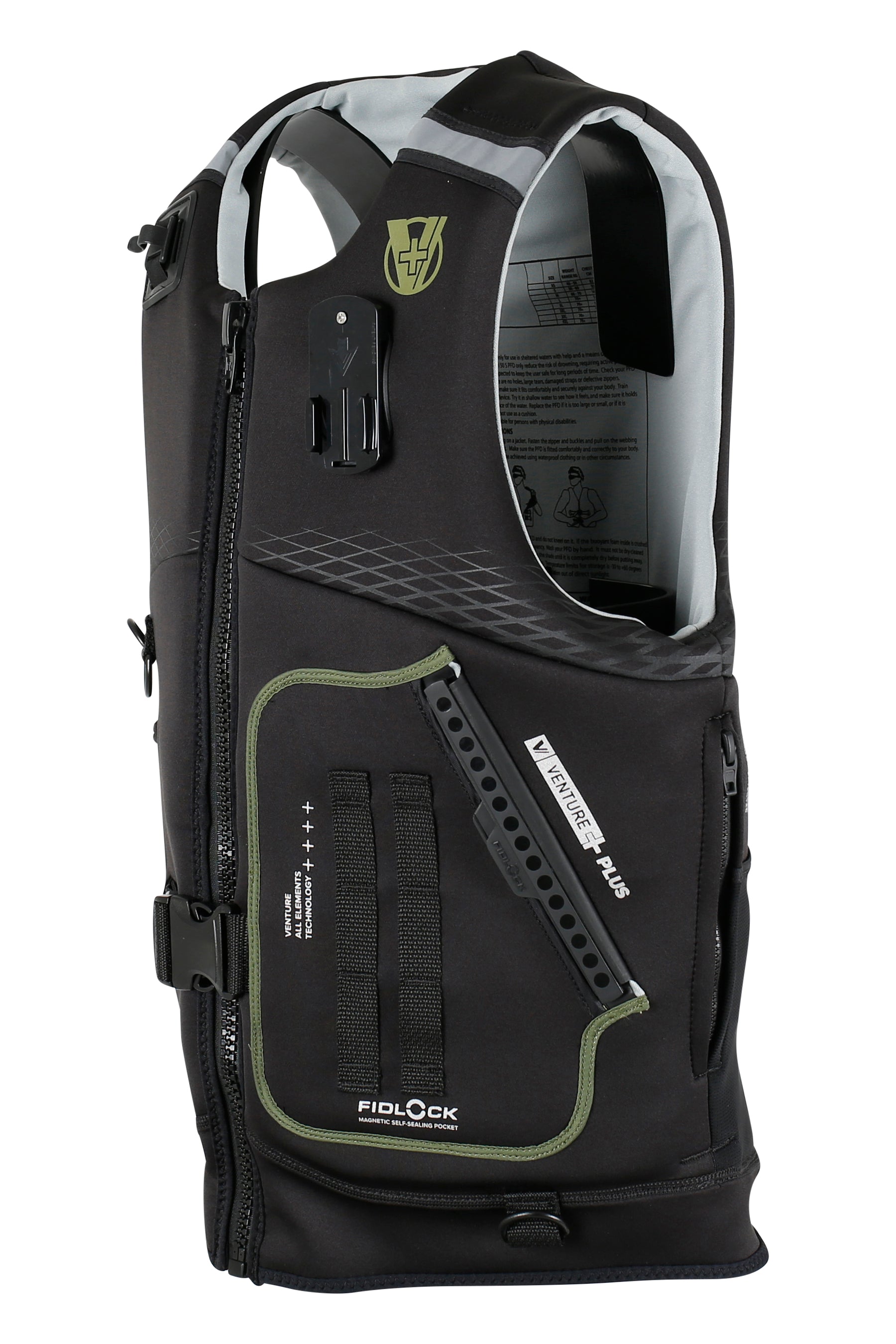 Black and sage life jacket with visible branding on a white background