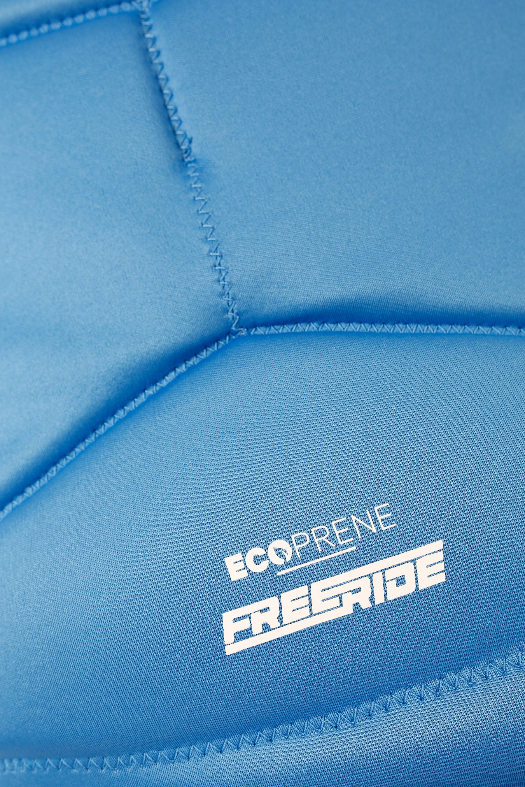 Close-up of blue eco-friendly neoprene with 'Ecoprene — Freeride' logo.