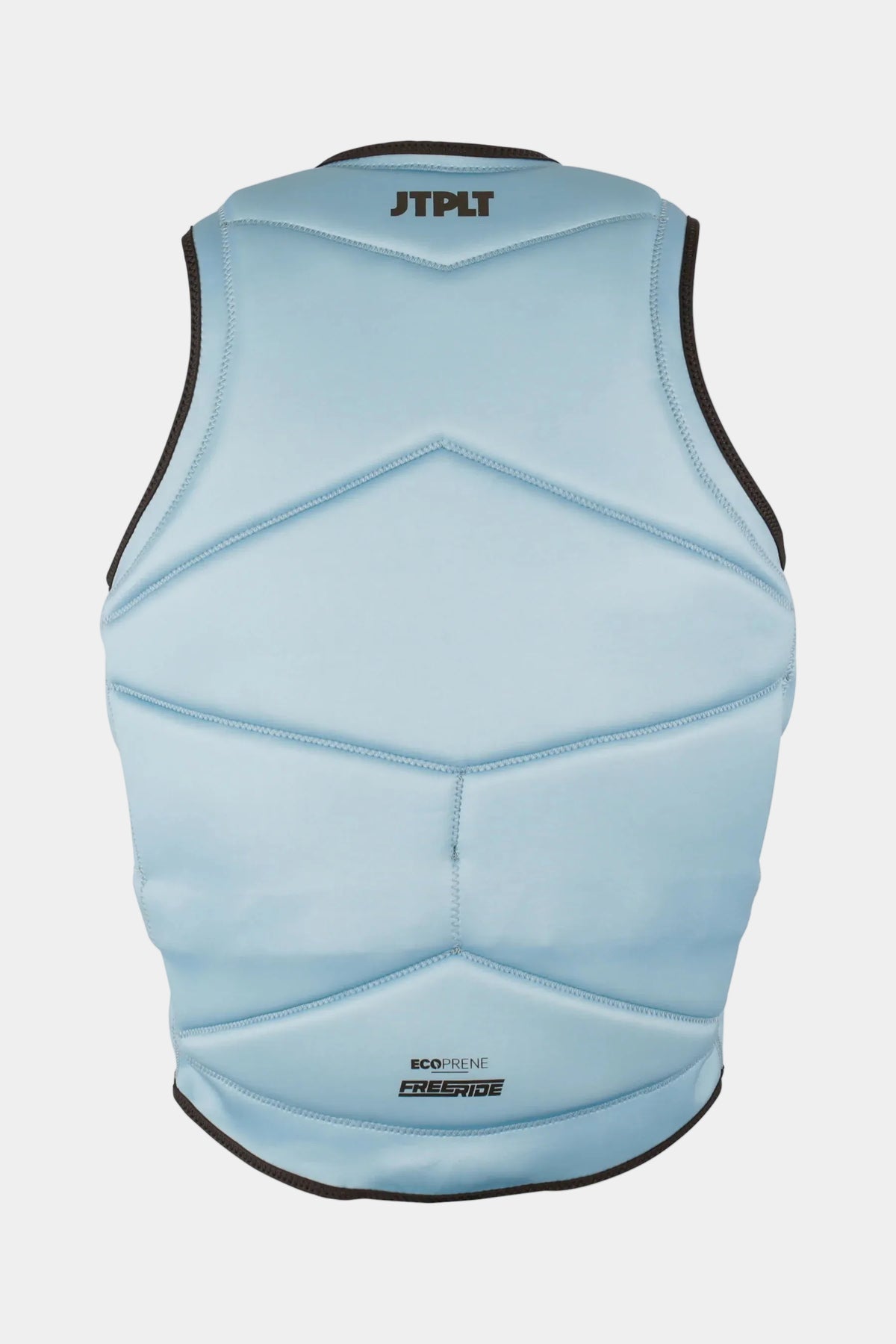 Back of the Steel Blue Freeride with large foam panels, JTPLT at the top and EcoPrene Freeride print