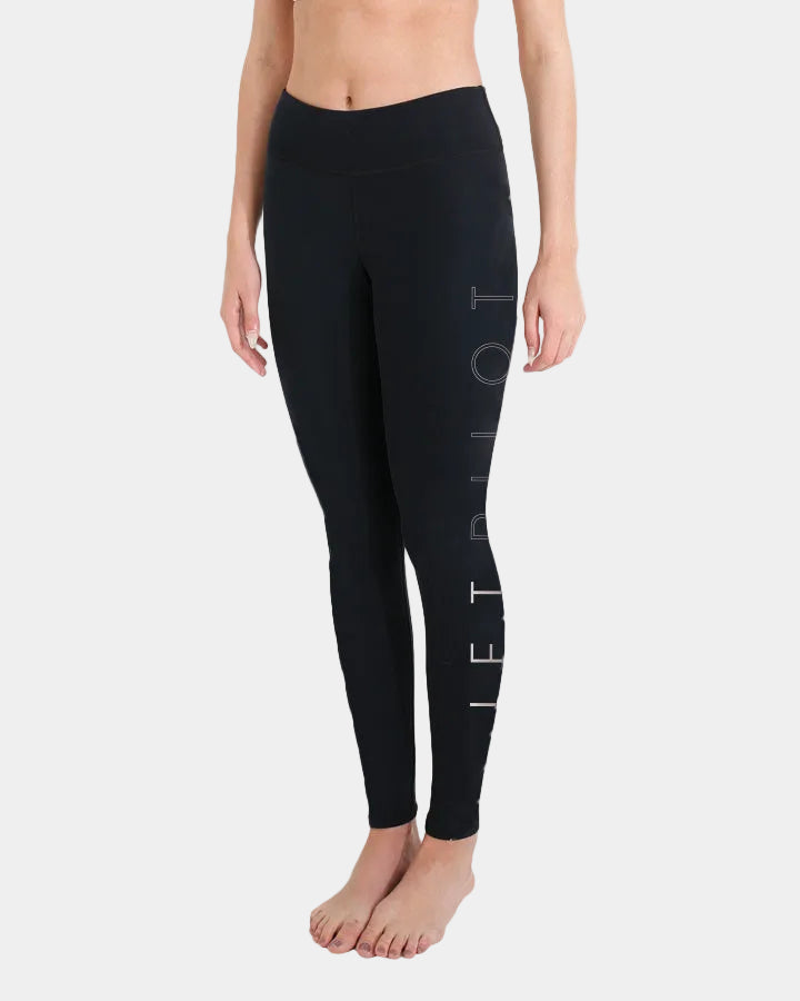 Three-quarter view of the Black X1 leggings showing the vertical Jetpilot print down the leg