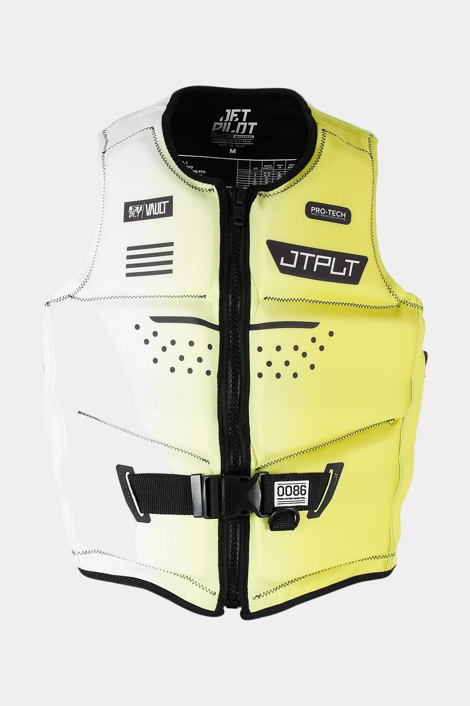 Two-toned white and yellow life vest with visible branding on a white background