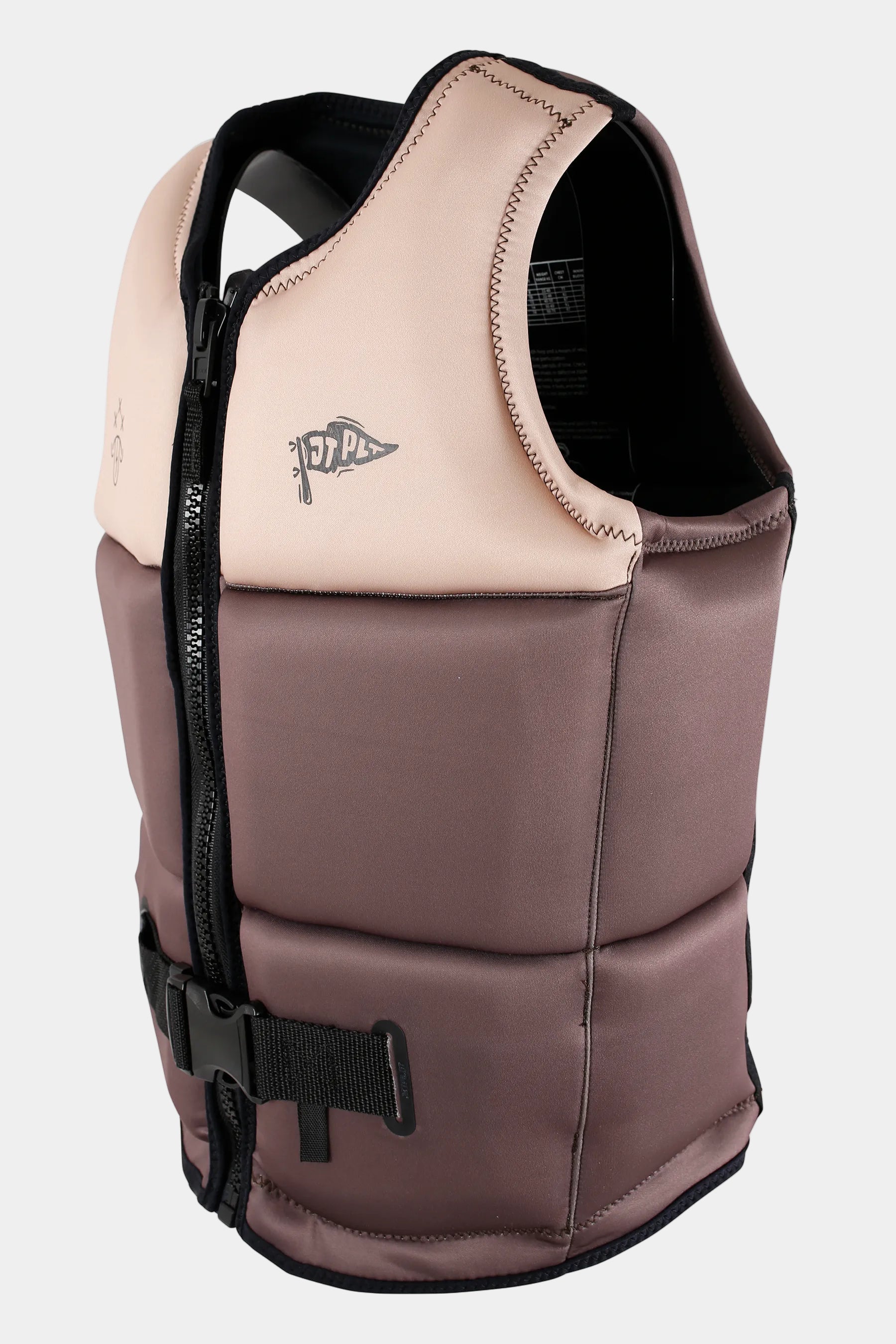 Brown life vest with black zipper and straps on a white background