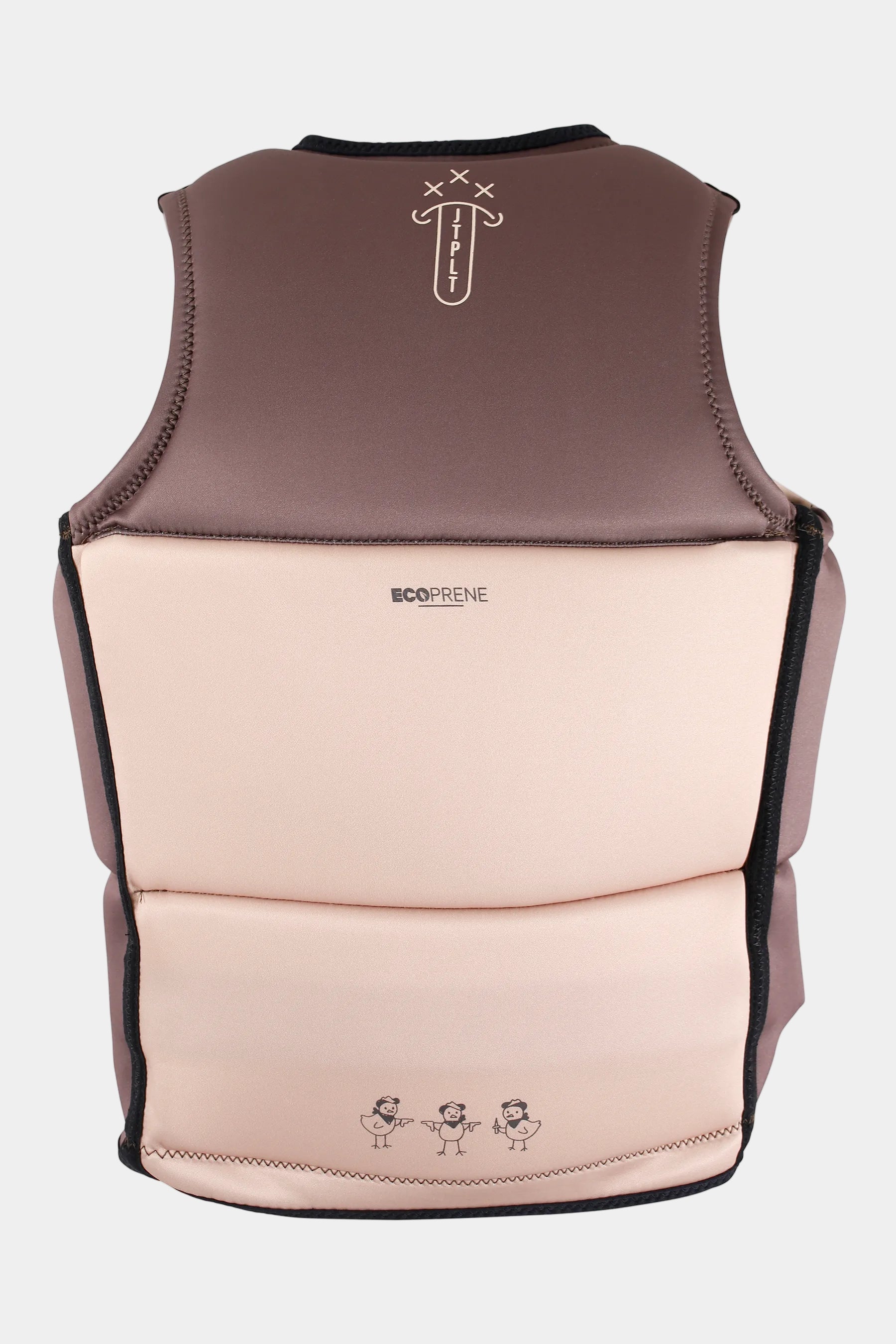 Brown and beige protective vest with branding on a white background