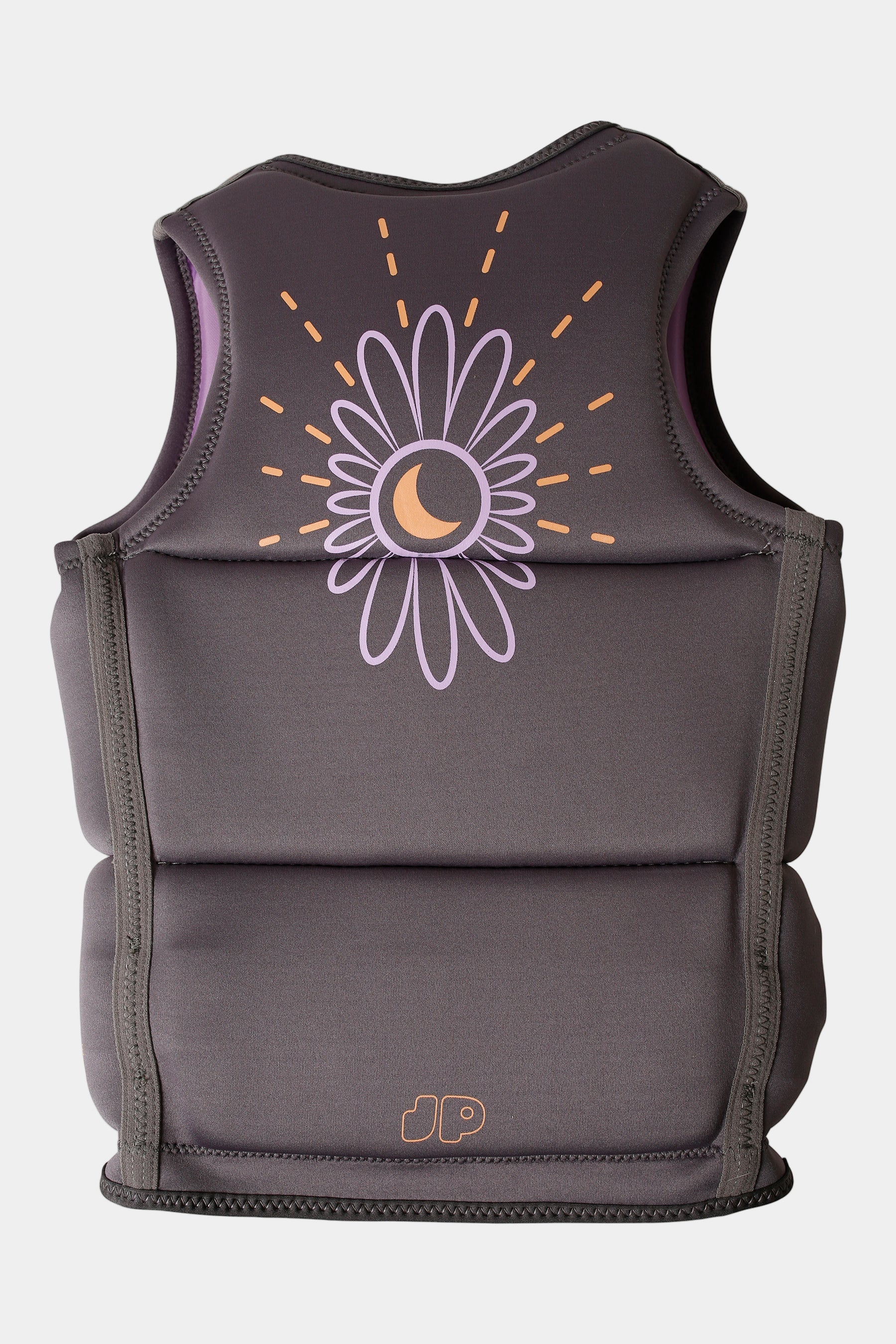 Charcoal life vest with a floral design on the back against a white background