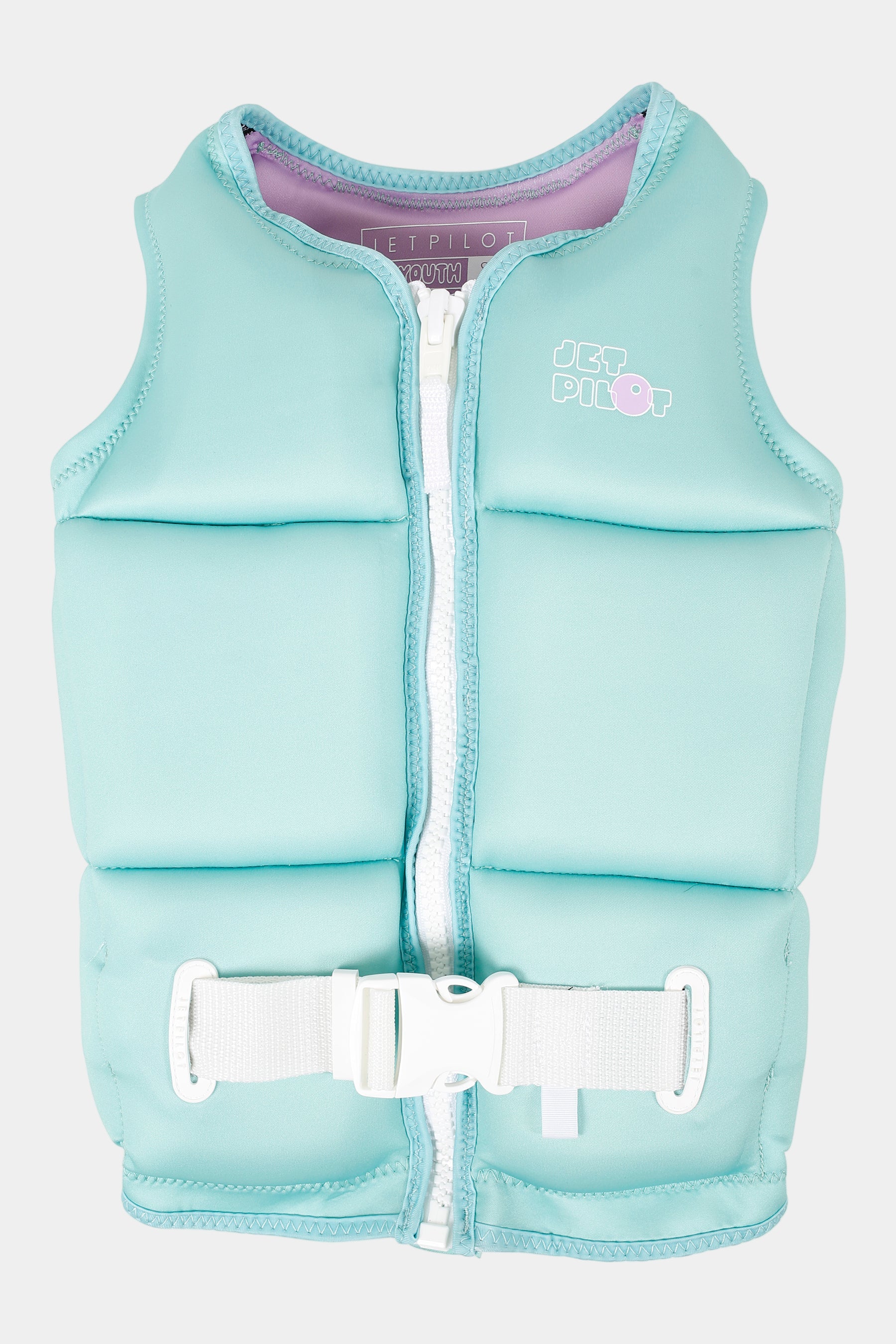 Jetpilot Freeride Girls Life Jacket - Teal with a white buckle on a white background