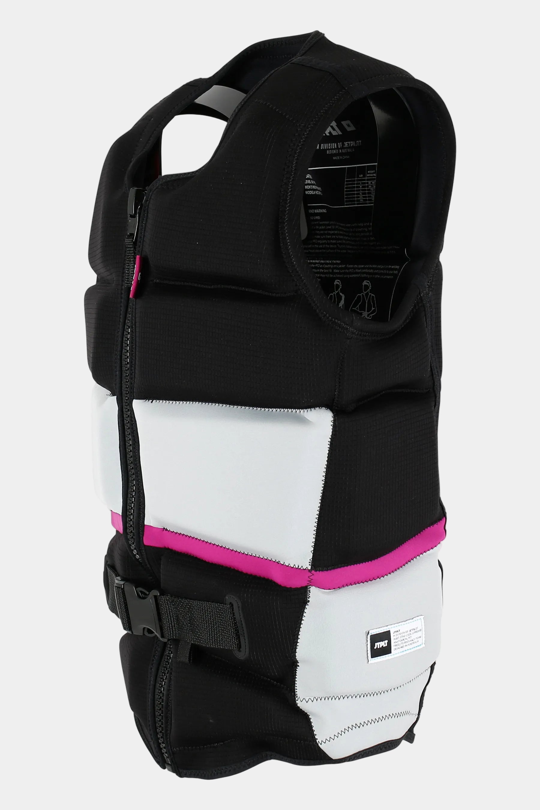 Black, white, and pink life jacket on a white background