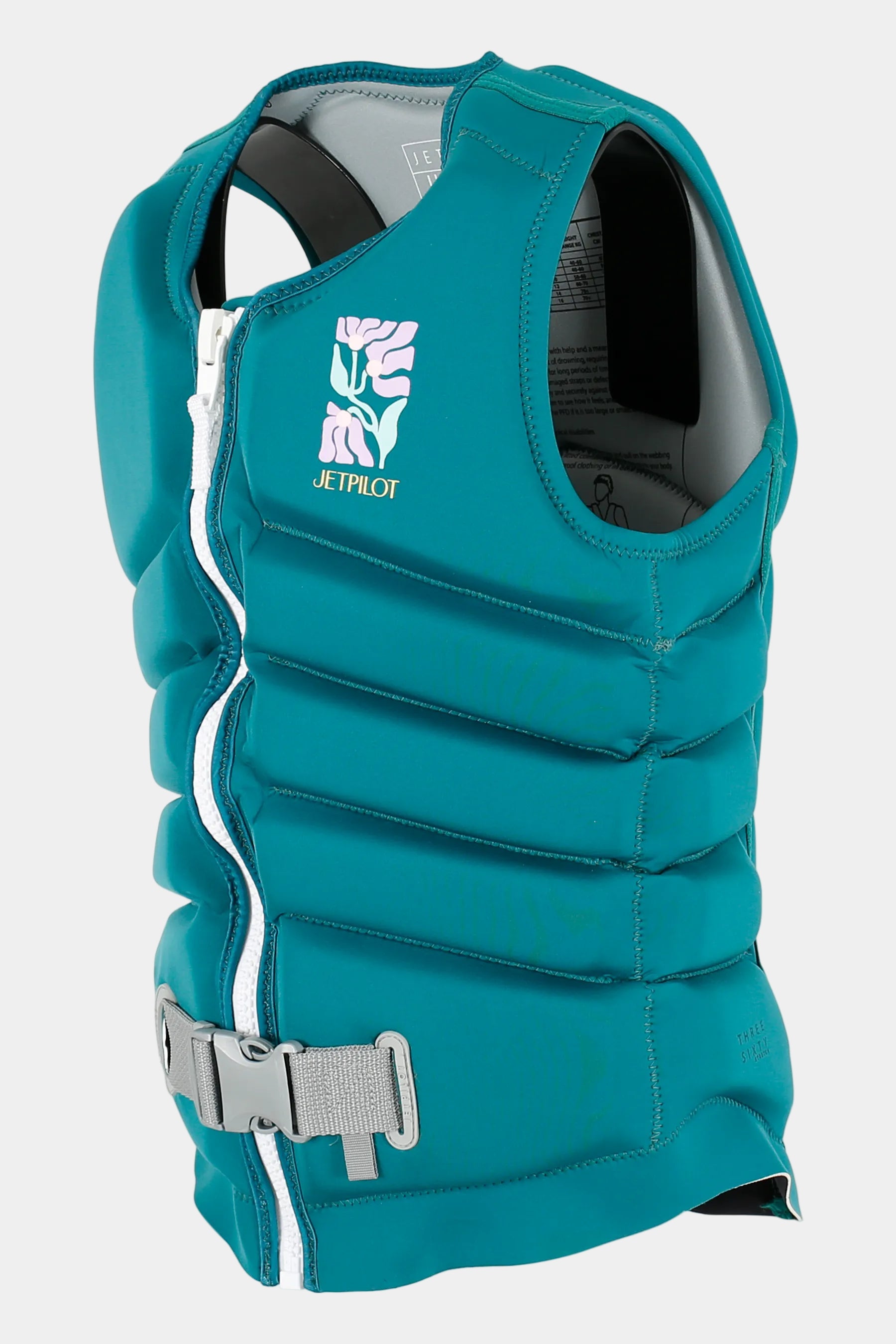 Teal life vest with a visible brand logo on a white background
