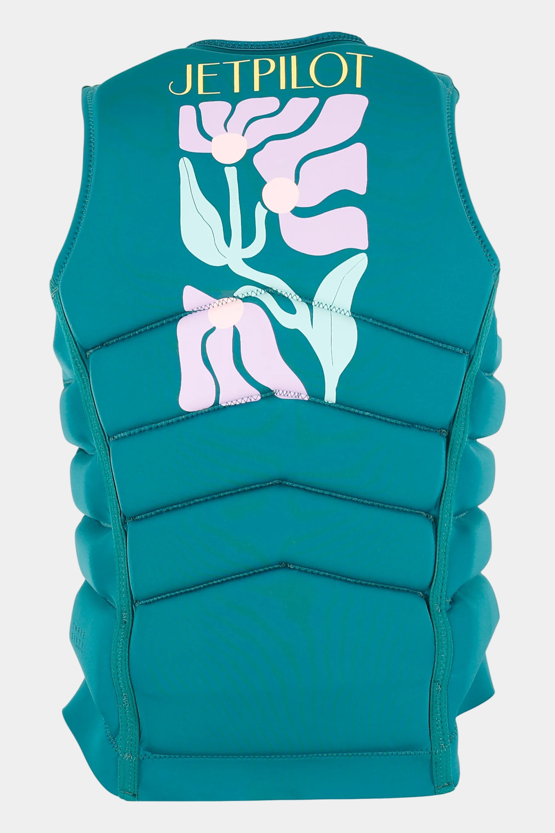 Teal protective vest with floral design and 'Jetpilot' branding on a white background
