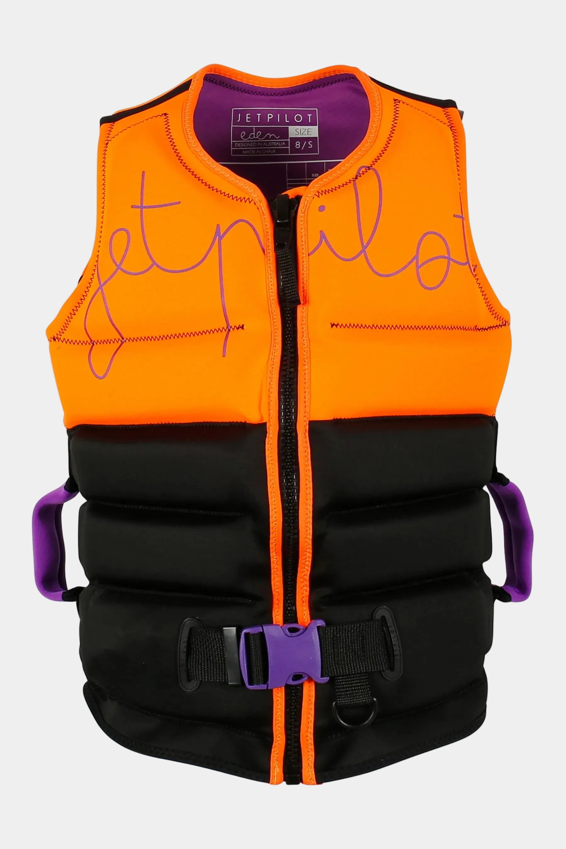 Orange and black life vest with purple super grip handles on a white background — view 1 (3)