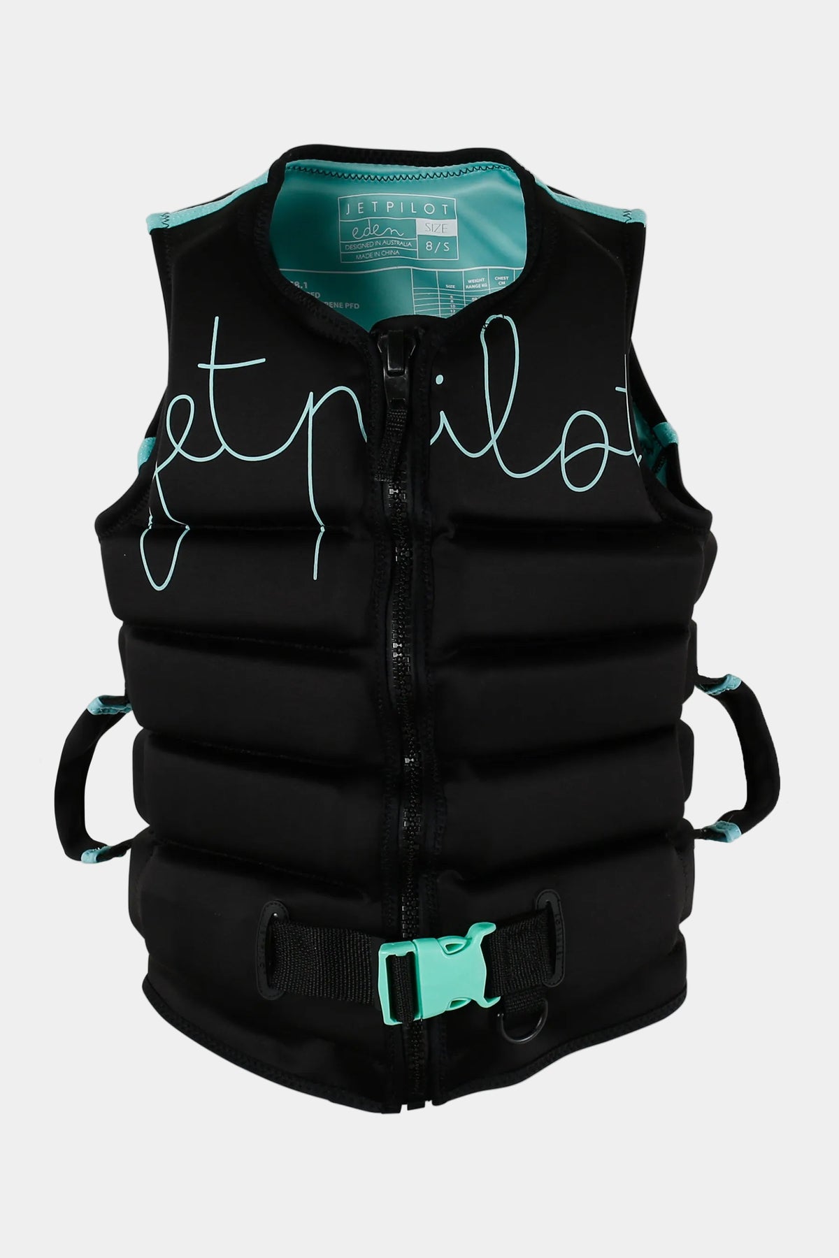 Jetpilot Eden Ladies jet ski life jacket in Black, front view with turquoise script logo and Supergrip side handles