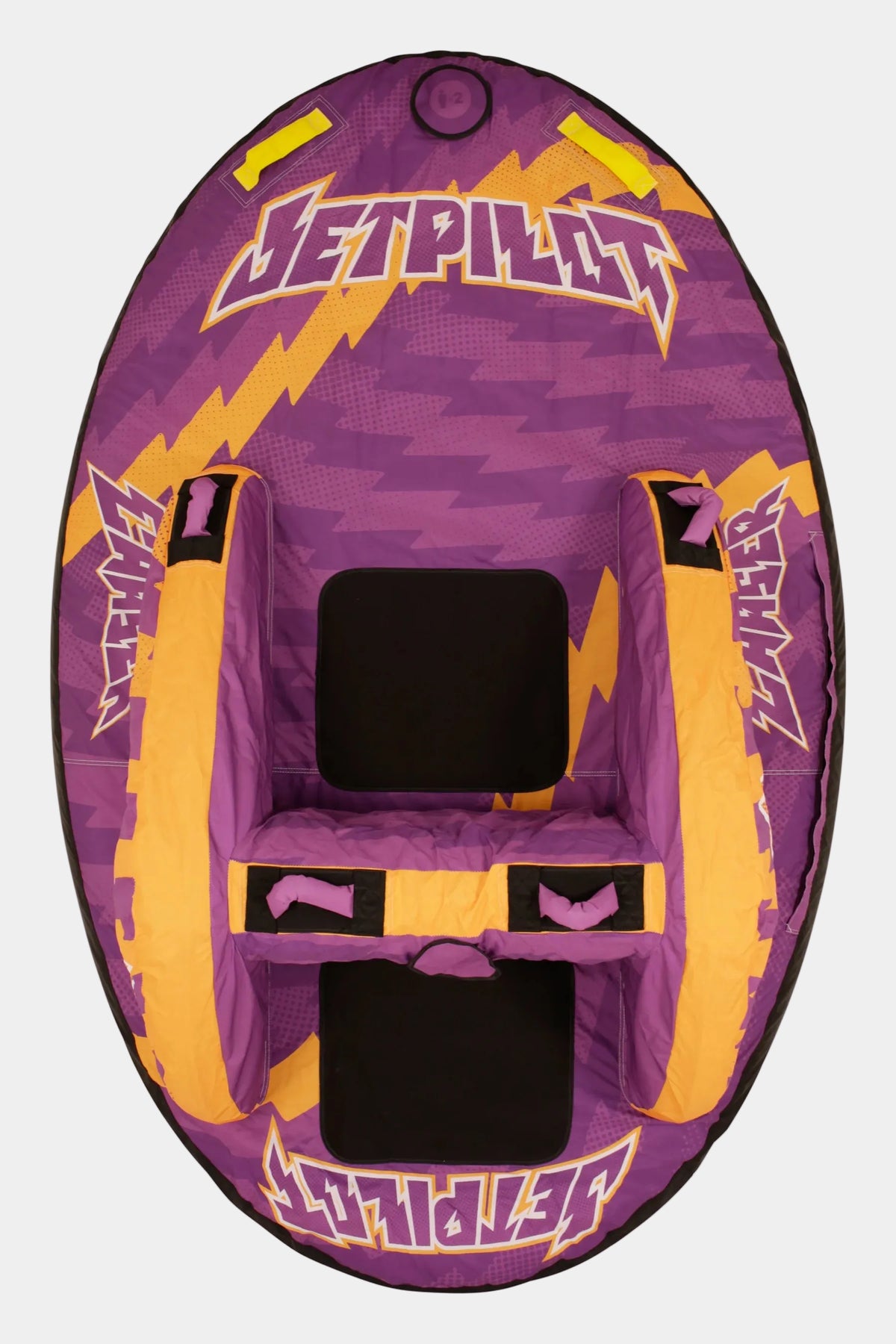 Jetpilot Chaser 2 Person Ski Tube - Purple with a purple and yellow lightning-bolt pattern, featuring a black seat and two black entry/exit holes, shown from a top-down view on a white background.