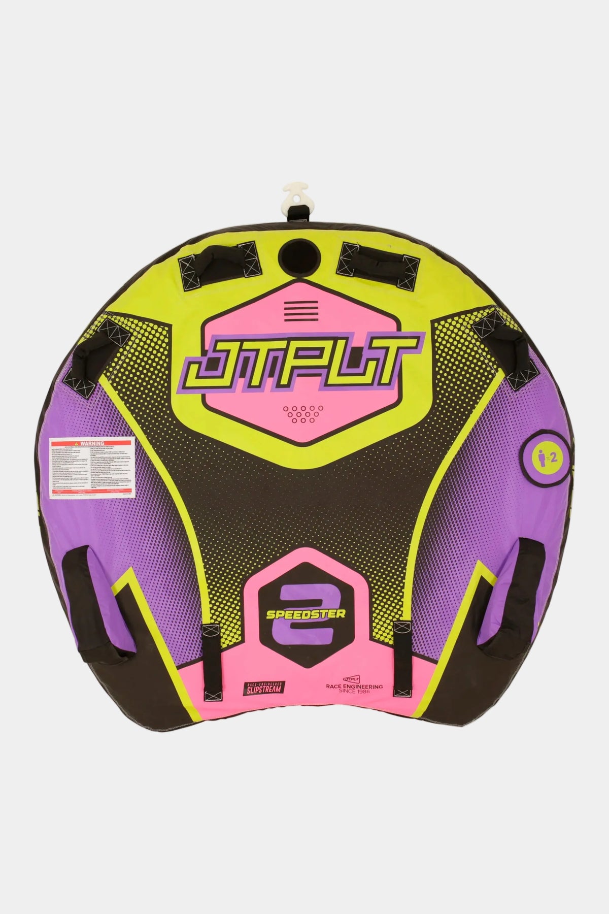 Jetpilot Speedster 2 Person Ski Tube - Yellow/Purple with a bright neon yellow, purple, and pink color scheme, featuring black straps and buckles, set against a plain white background.