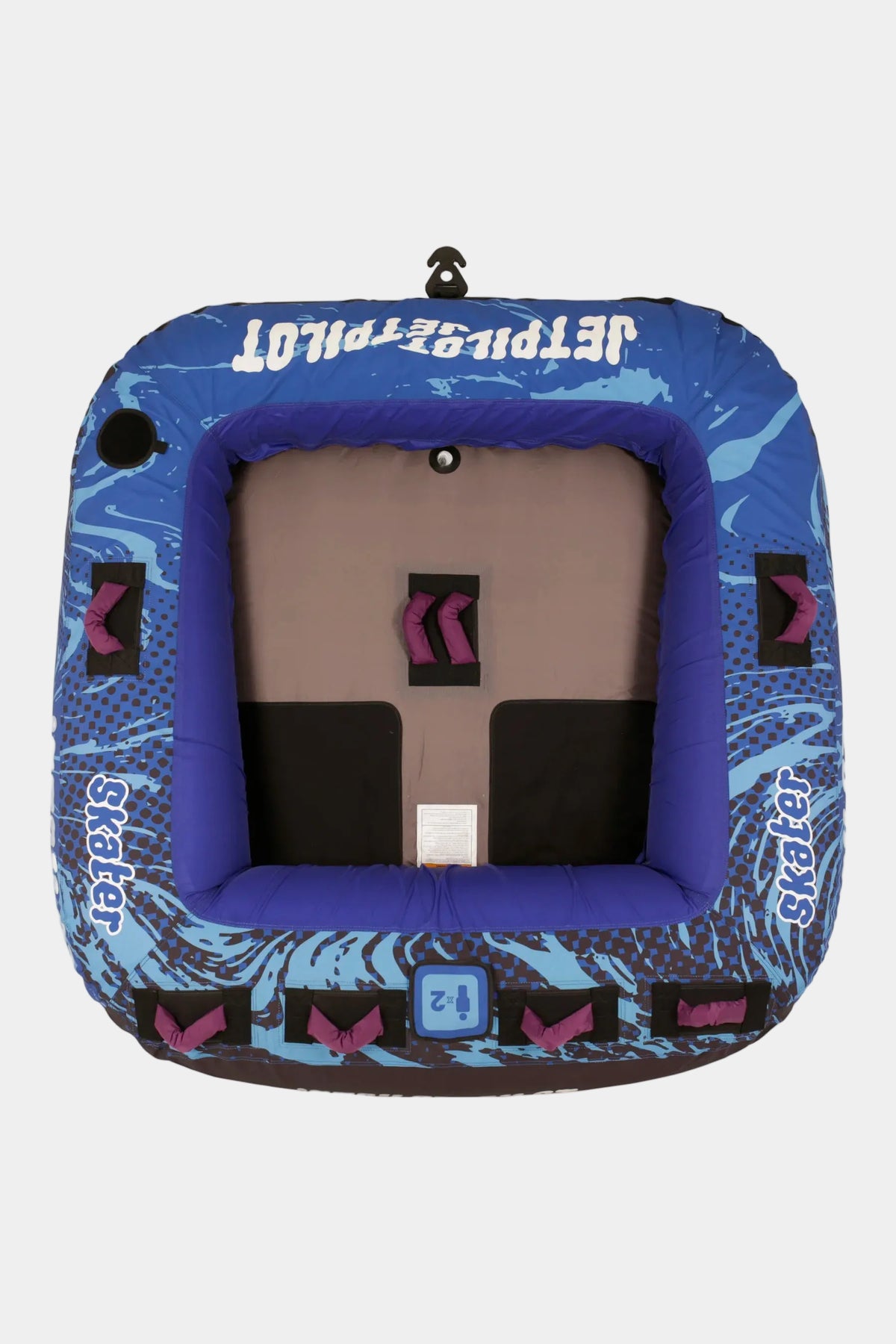 Jet Pilot Skater inflatable water tube shown from the back, featuring a blue and black patterned outer shell with purple inner padding and a gray center pad.