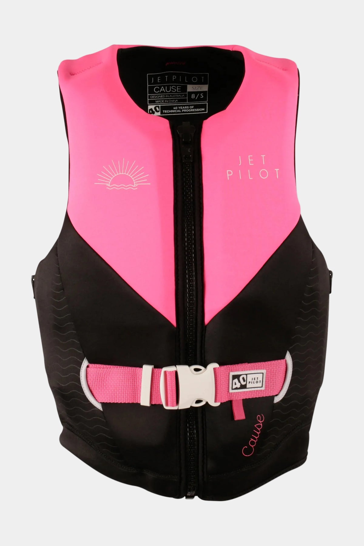 Jetpilot Cause Ladies jet ski life jacket in Pink, front view with the sunrise graphic, waist buckle and 40 tab