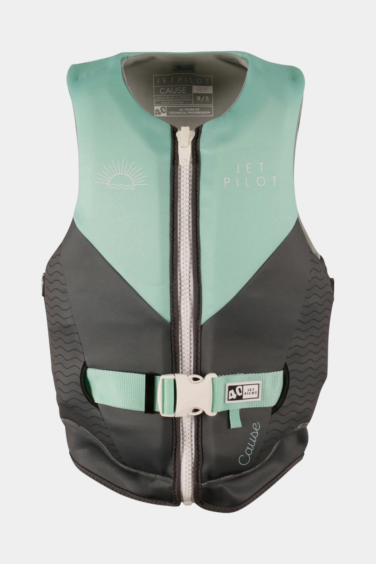 Jetpilot Cause Ladies jet ski life jacket in Teal, front view with the sunrise graphic, white zip and 40 tab