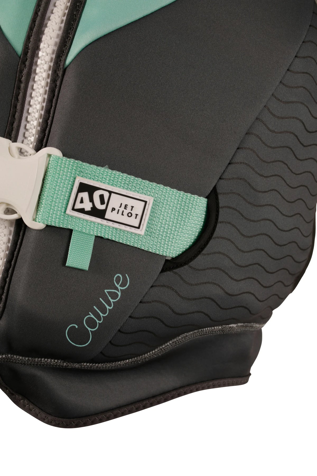Close-up of the 40 tab on the teal waist strap and the Cause script on the Teal Cause Ladies