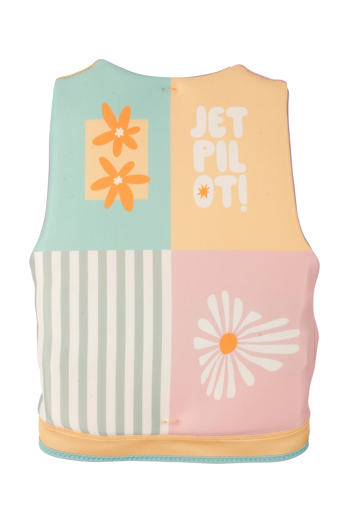 Back of the Multi Cause Girls with four pastel blocks of flowers, stripes, a daisy and Jetpilot lettering