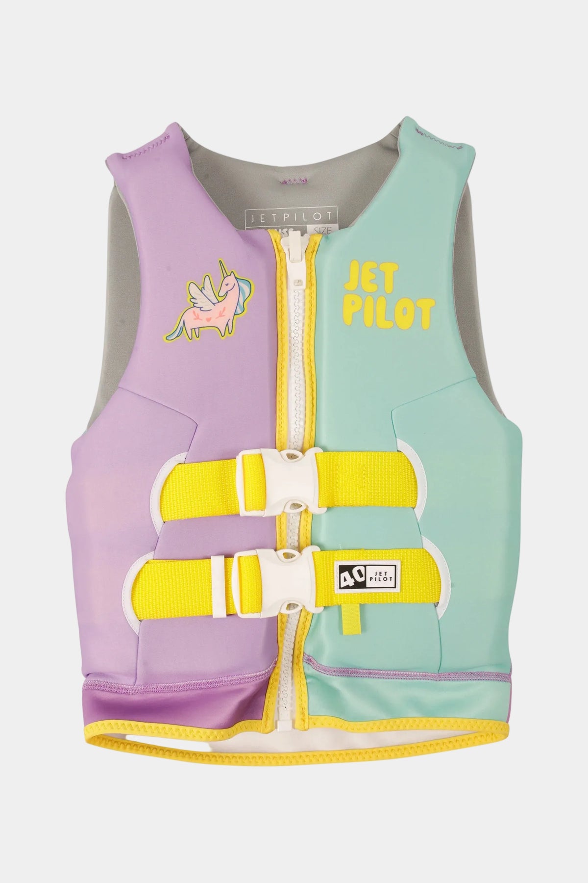 Jetpilot Cause Girls kids life jacket in Purple/Teal, front view with the unicorn patch, yellow buckle straps and 40 tab