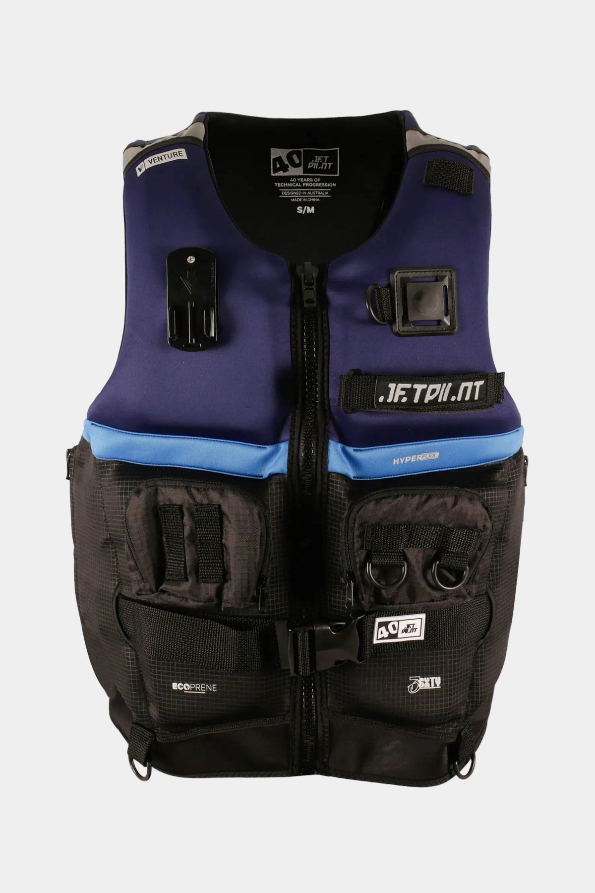A JetPilot life vest in navy blue and black with a light blue horizontal stripe, featuring multiple front utility pockets and a central zipper, shown against a plain white background.