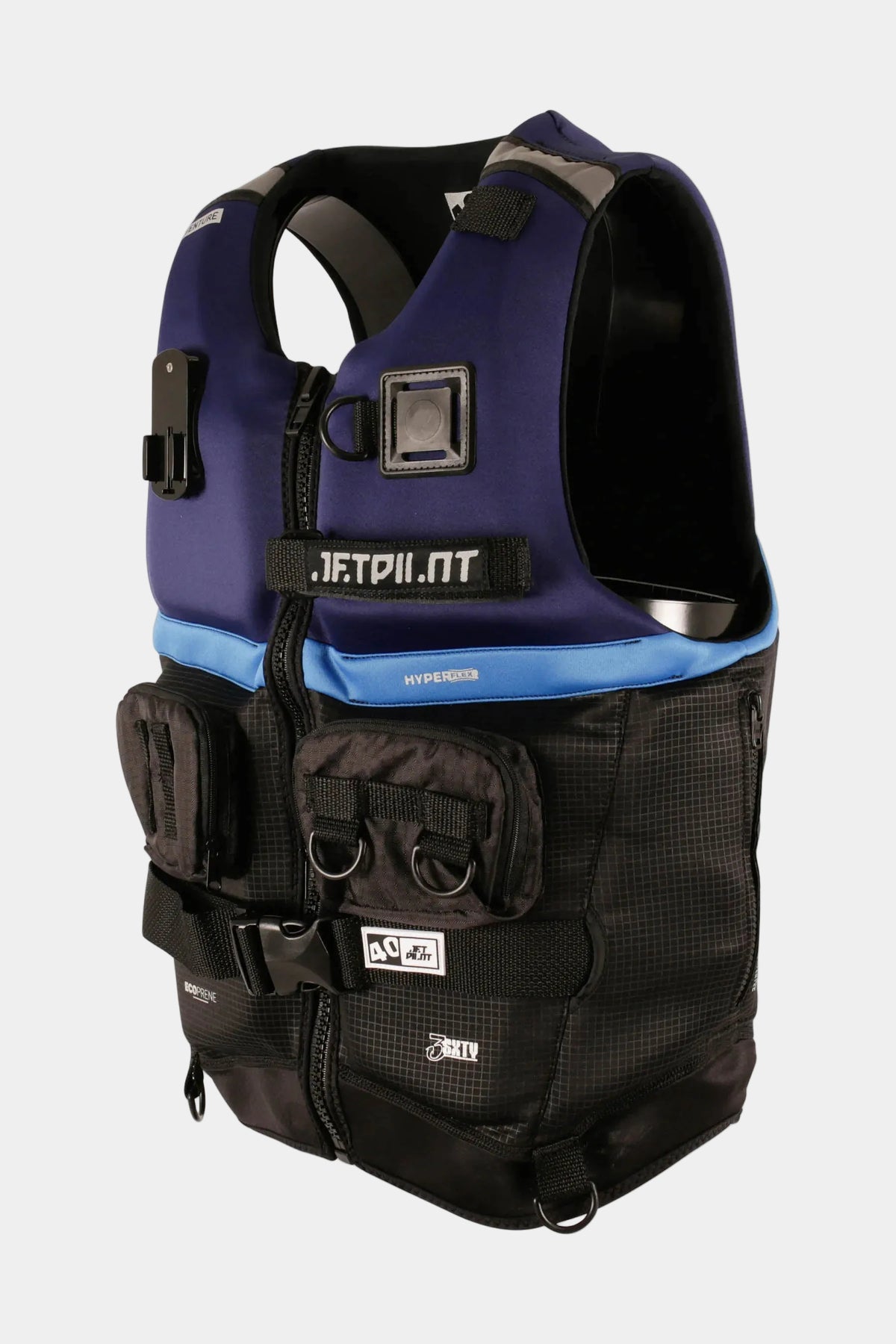 A JetPilot inflatable life vest with multiple utility pockets, featuring a navy blue upper section, a bright blue horizontal stripe, and a black lower section with gear loops and buckles.