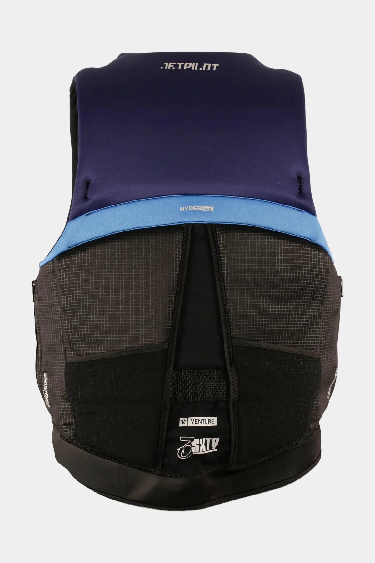 A neoprene water sports life vest shown from the back, featuring a dark purple top section, a light blue horizontal band, and a black mesh and fabric lower section with a visible brand patch.