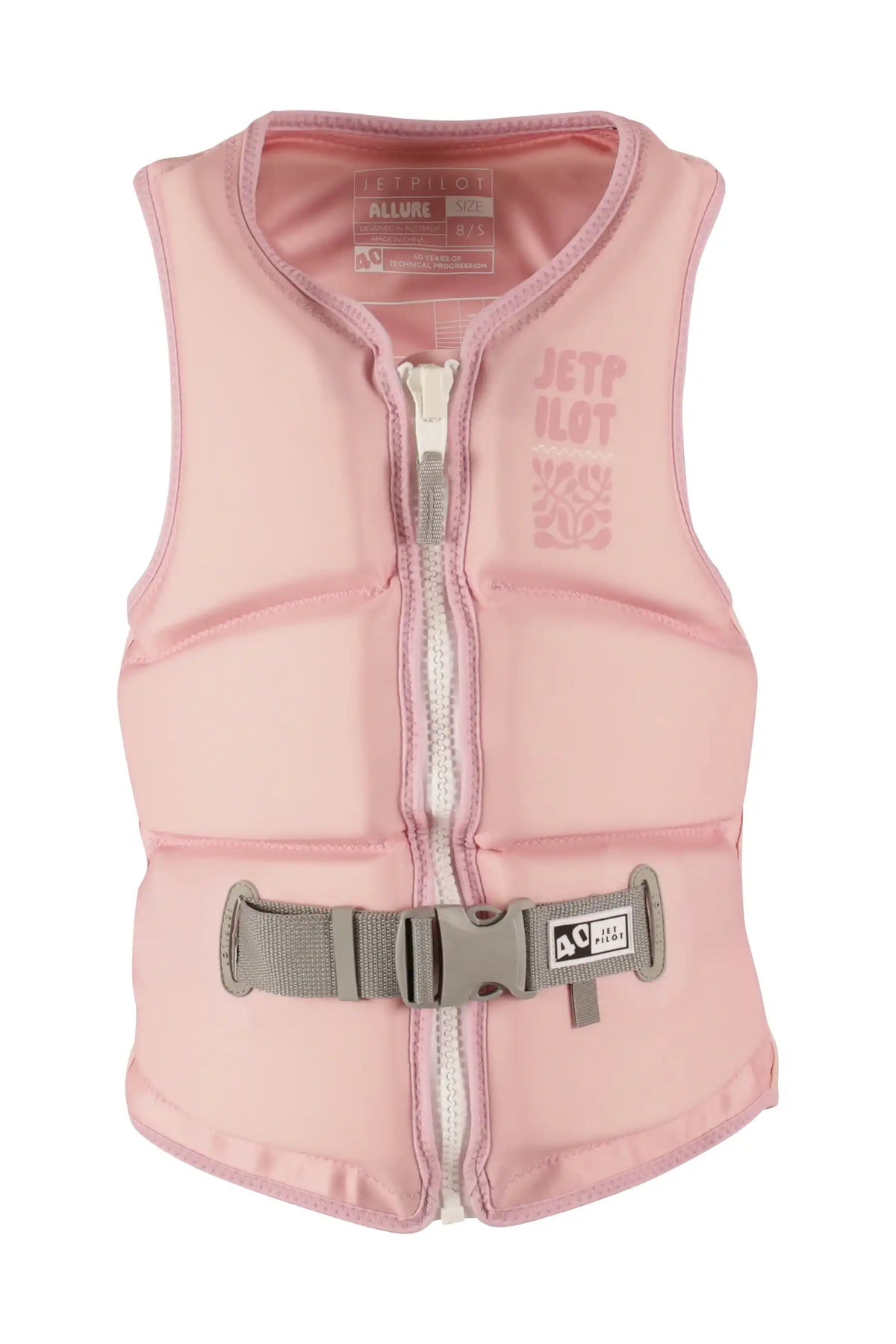 Jetpilot Allure wakeboard life jacket in Pink, front view with the tonal stacked logo, white zip and 40 tab on the buckle