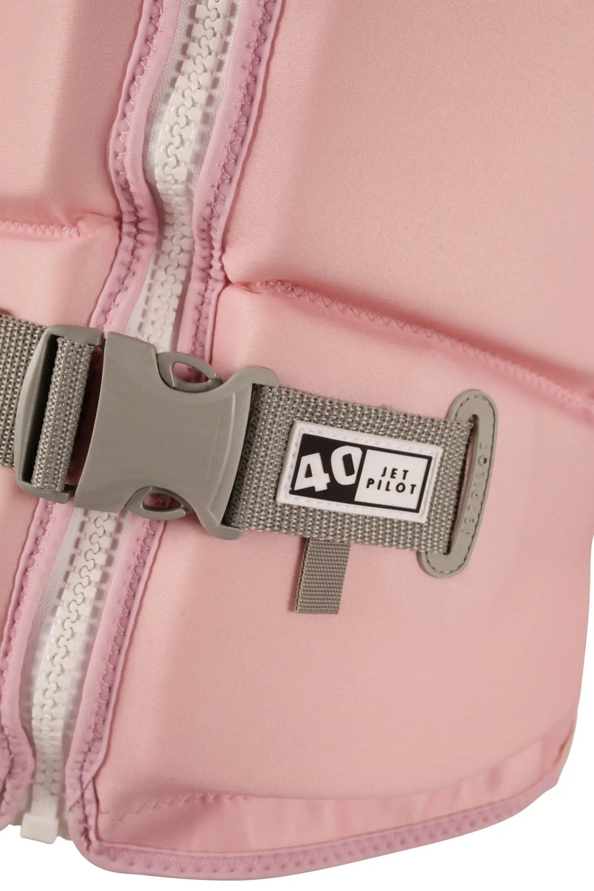 Grey waist buckle with the 40 tab beside the white PK Lok zip on the Pink Allure