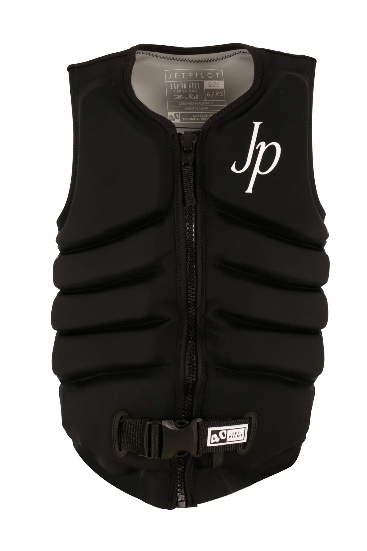 Jetpilot Zahra X1 wakeboard life jacket in Black, front view with the white Jp monogram and 40 tab on the waist buckle