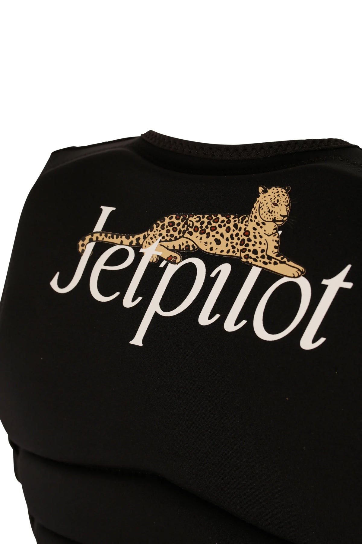 Close-up of the leopard print on the white Jetpilot script across the back of the Black Zahra X1