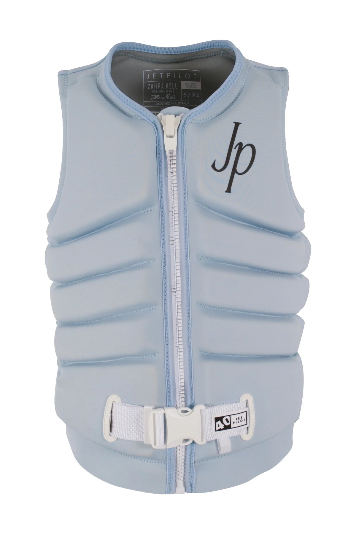Jetpilot Zahra X1 wakeboard life jacket in Ice Blue, front view with the Jp monogram, white zip and 40 tab on the buckle