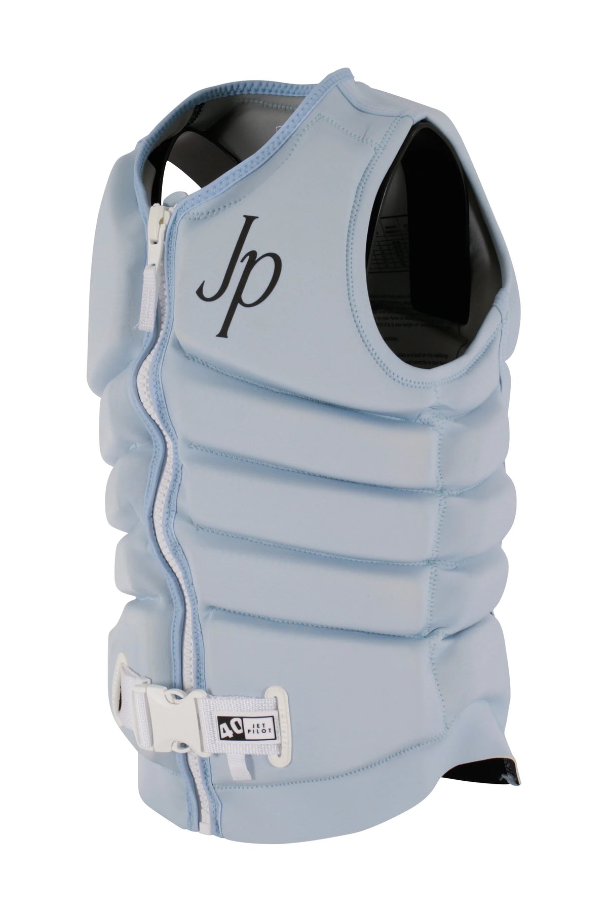 Three-quarter view of the Ice Blue Zahra X1 showing the segmented foam panels, Jp monogram and grey lining