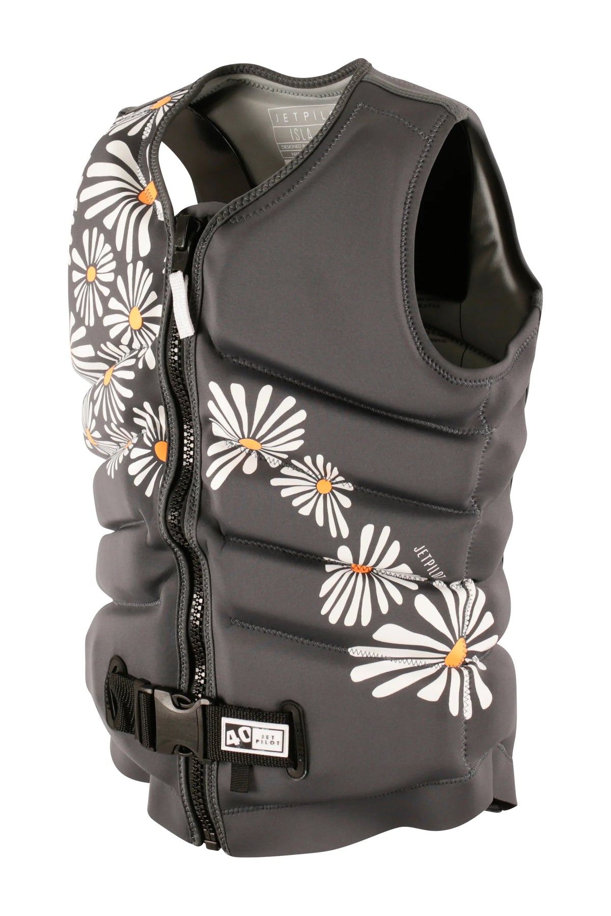 Three-quarter view of the Charcoal Isla with daisies trailing from the shoulder down the side panels