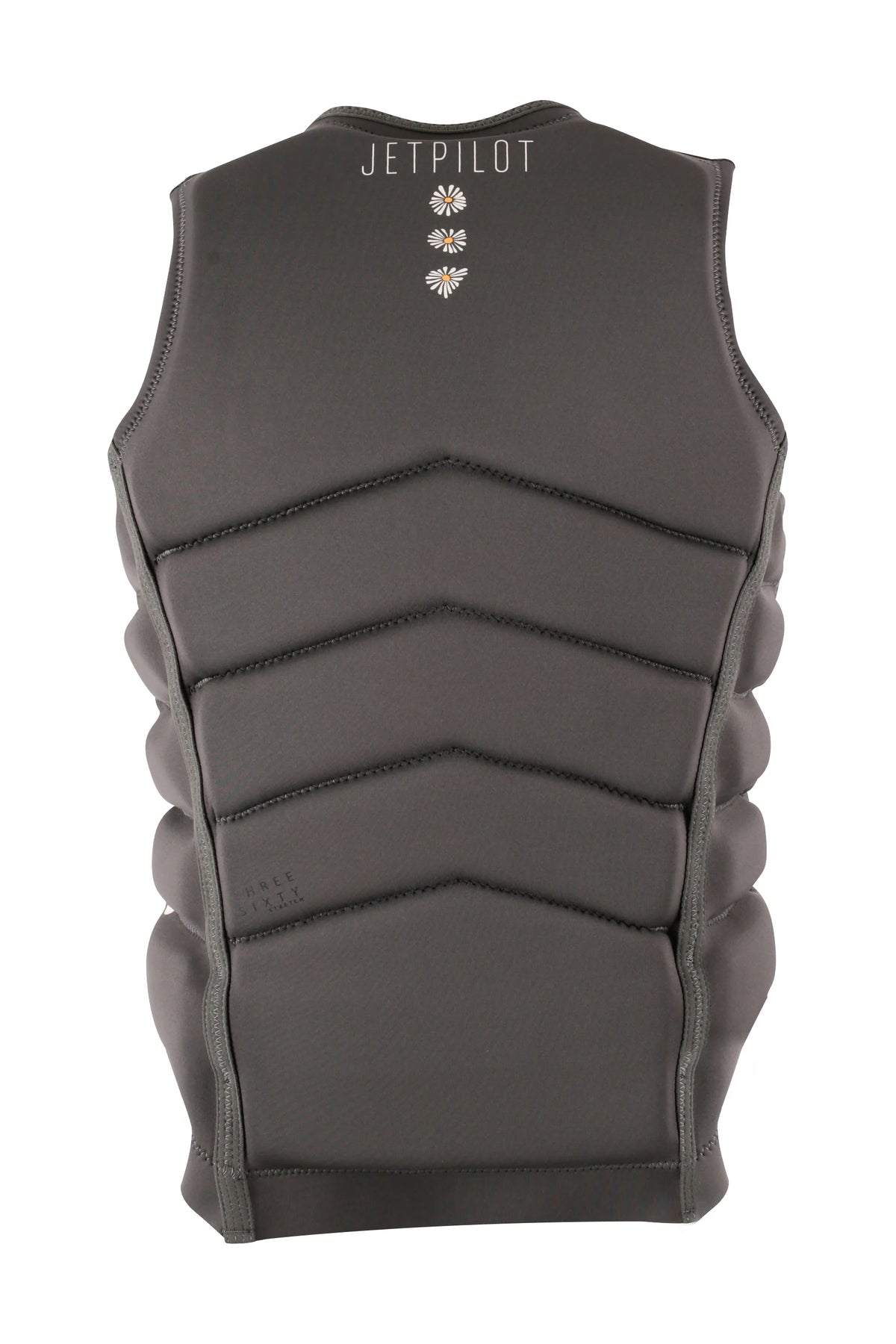Back of the Charcoal Isla with the Jetpilot name and three daisies above V-shaped foam panels