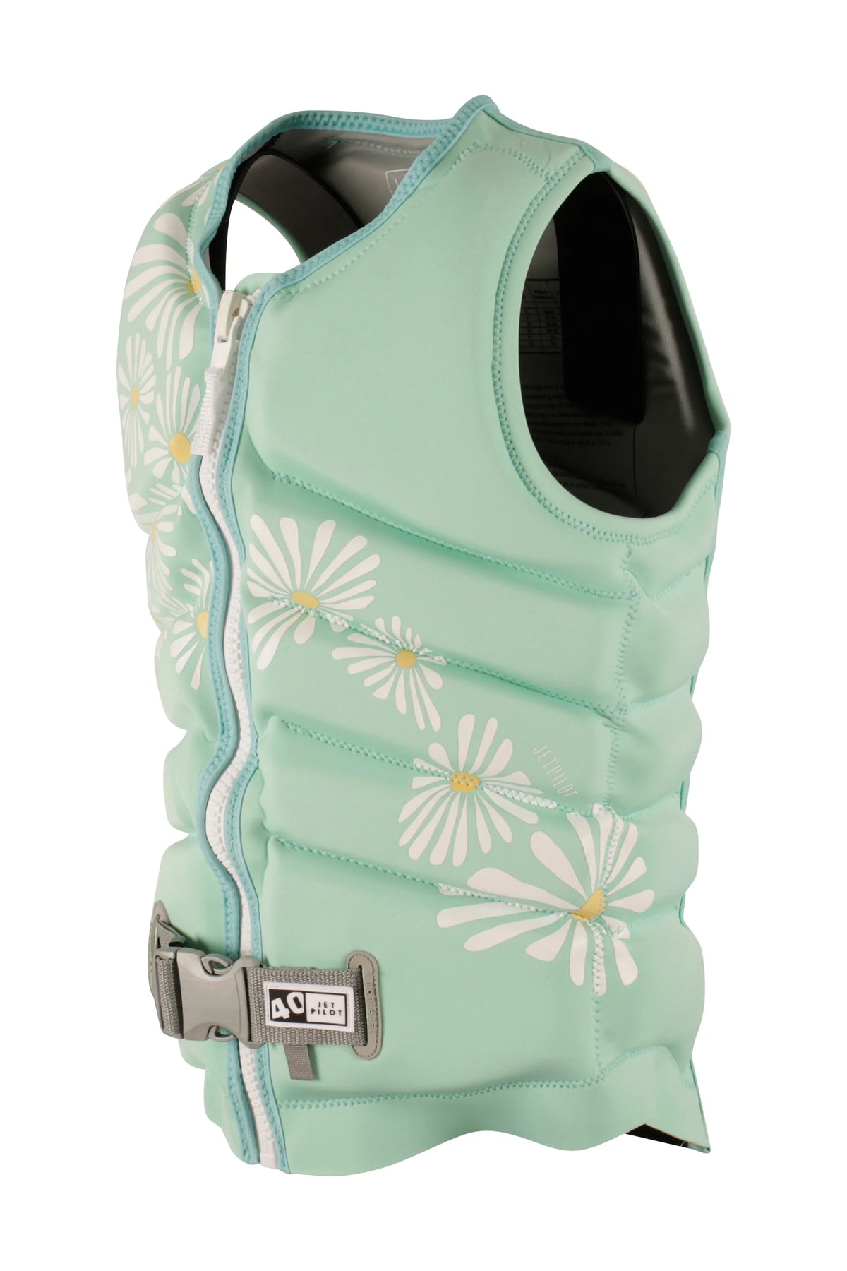 Three-quarter view of the Teal Isla with yellow-centred daisies trailing down the side panels