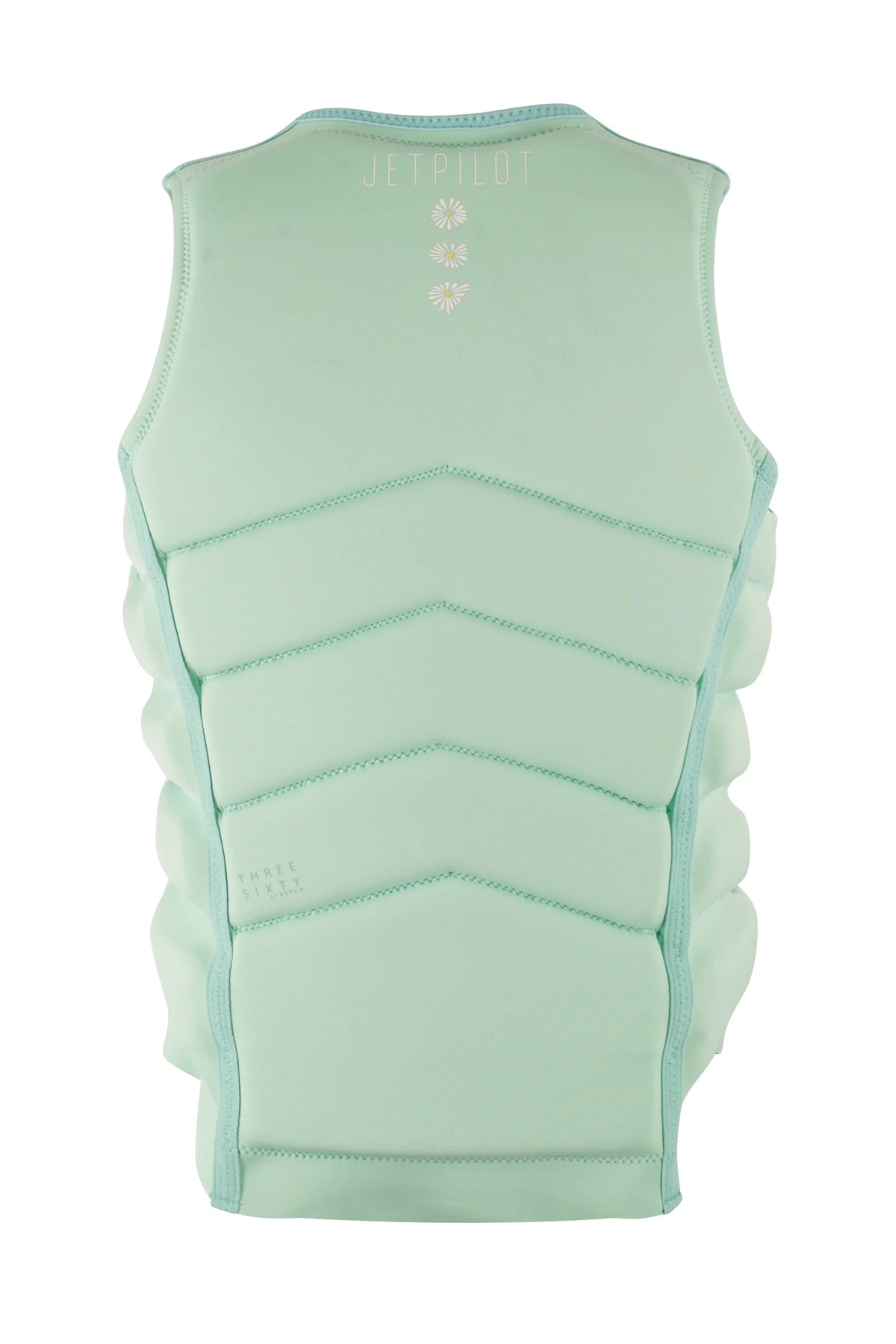 Back of the Teal Isla with the Jetpilot name and three small daisies above V-shaped foam panels
