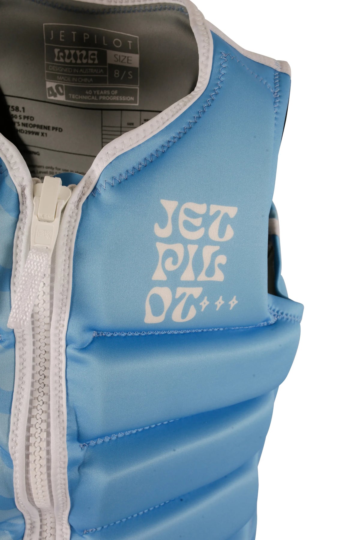 Close-up of the stacked Jetpilot logo, zip and collar on the chest of the Blue Luna