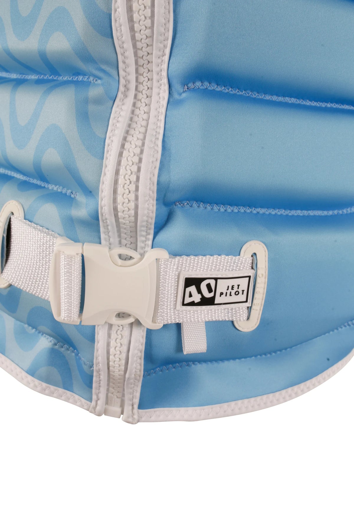 White waist buckle with the 40 tab beside the white PK Lok zip on the Blue Luna