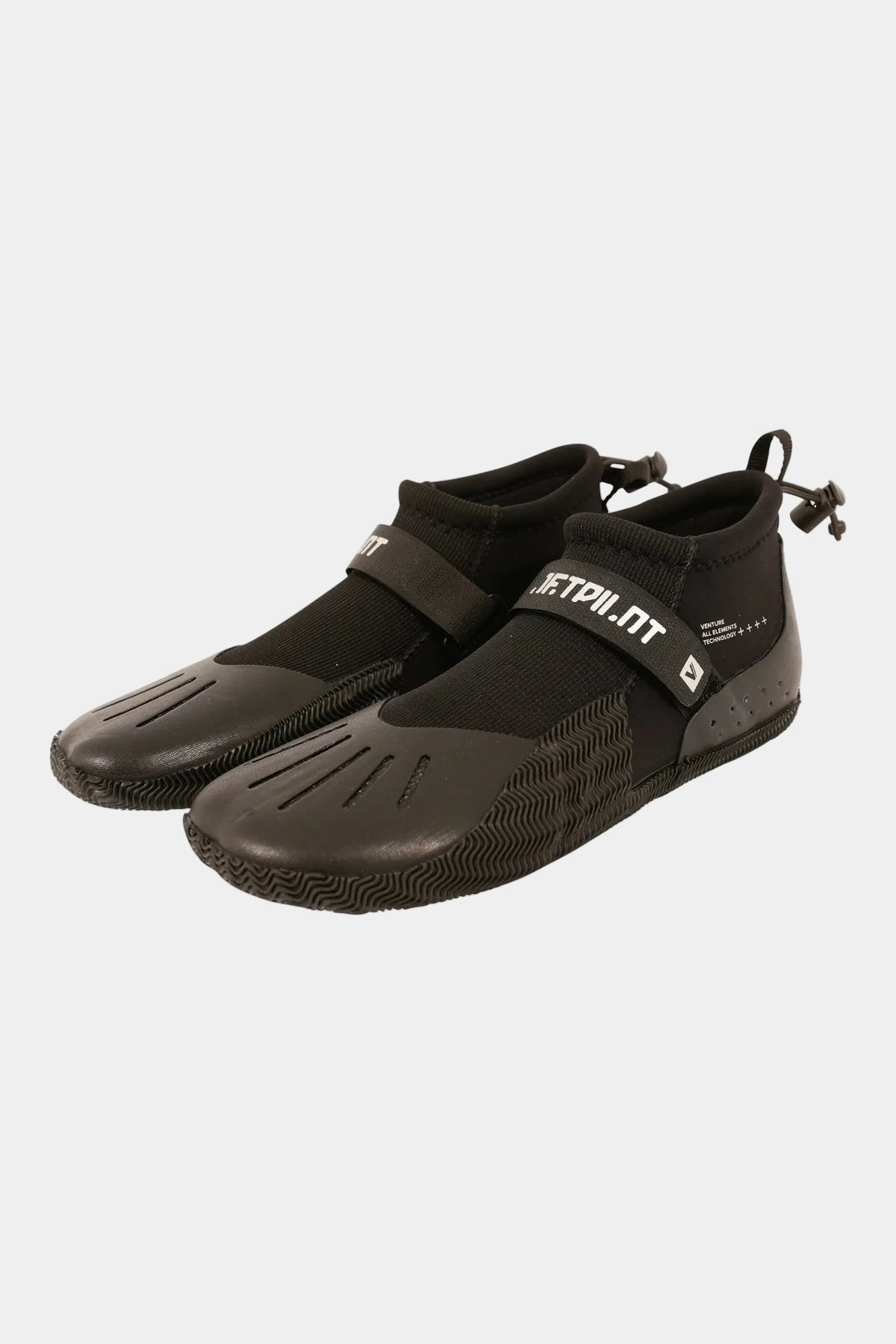 Three-quarter view of the Black Technical Hi-Cut shoes from the other side, with drawstrings and V badges