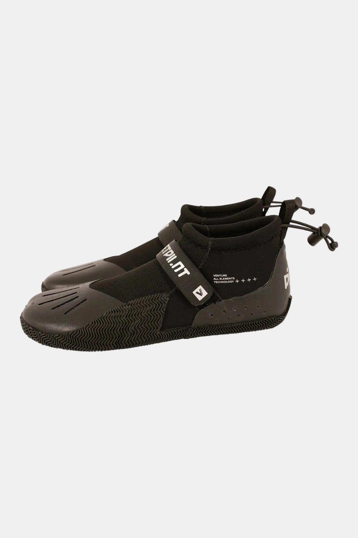 Side view of the Black Technical Hi-Cut pair showing the strap, barrel lock drawstring and grooved sole