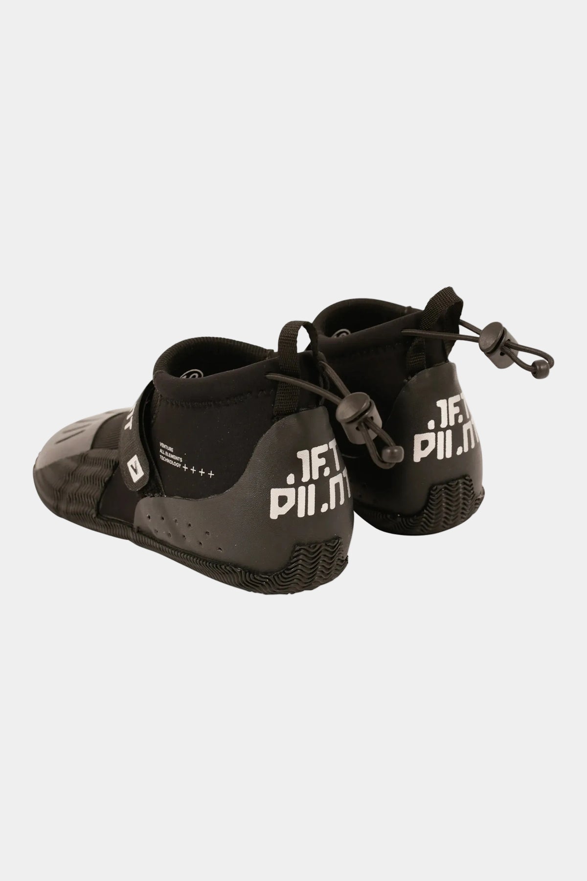 Rear three-quarter view of the Black Technical Hi-Cut shoes with the Jetpilot heel prints and barrel locks