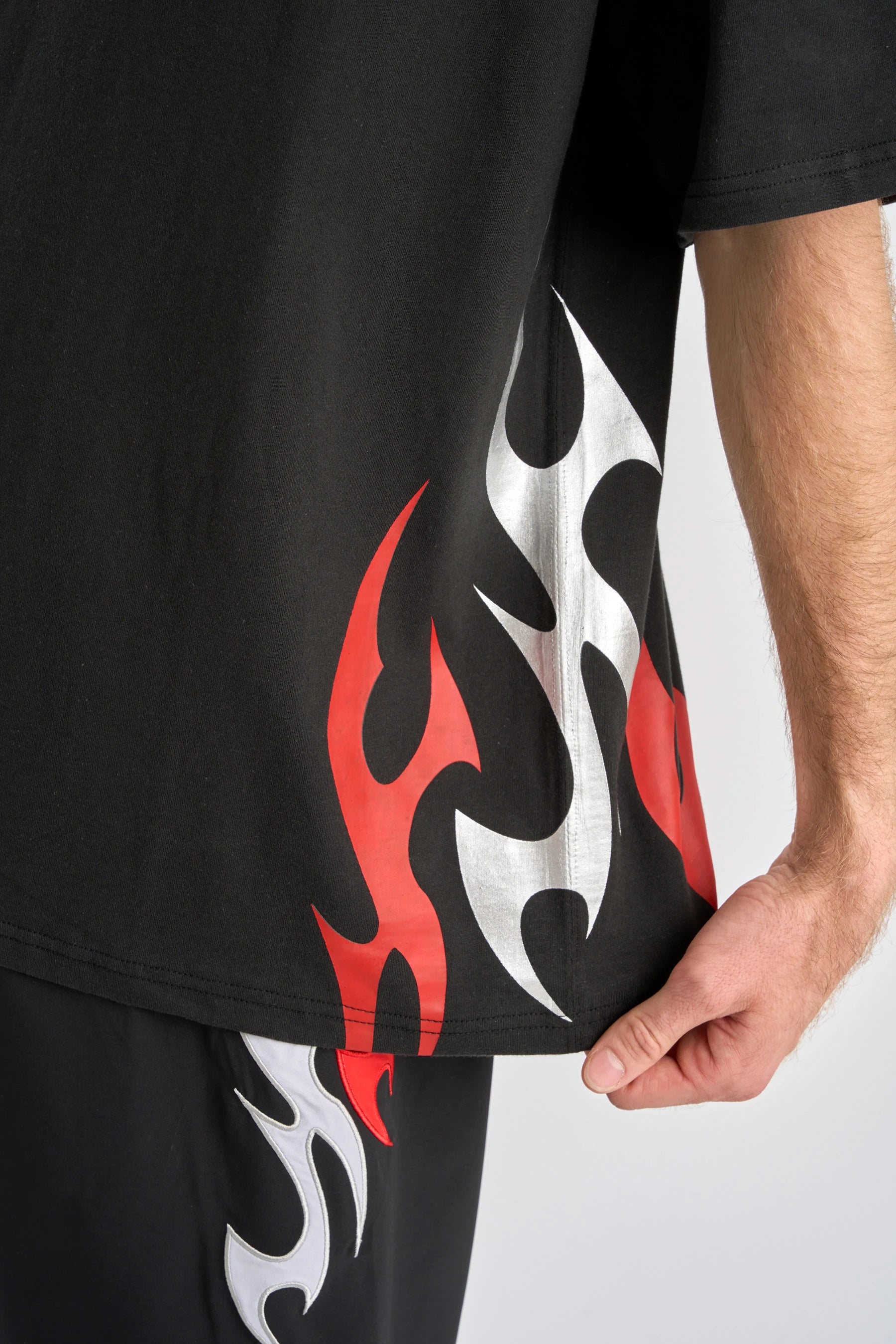 Jetpilot Tribal Heavy Tee - Black with red and metallic grey flame design on a plain background — image 2