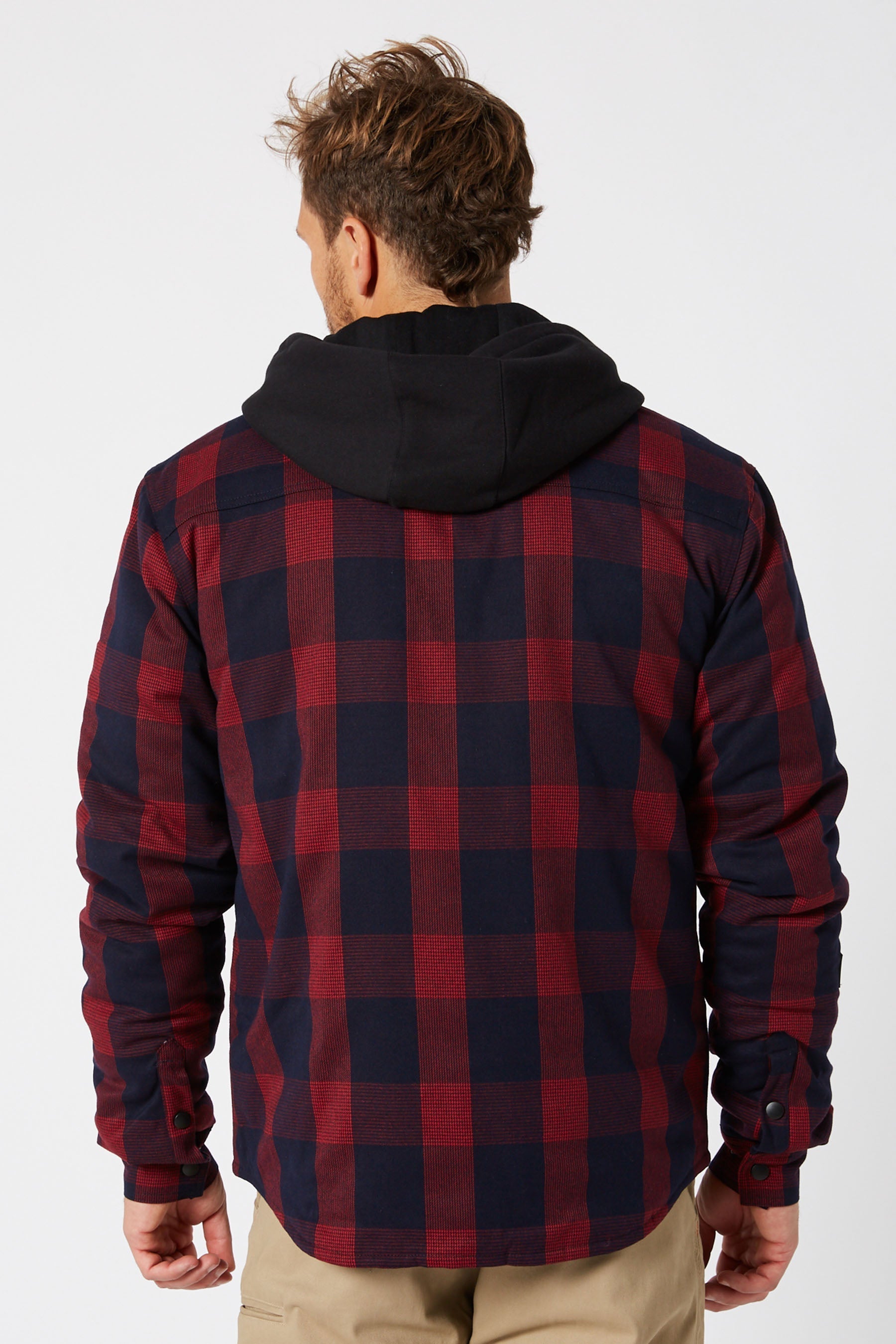 Back view of Jetpilot quilted flannel jacket with insulated hood — mens winter workwear flannelette jacket