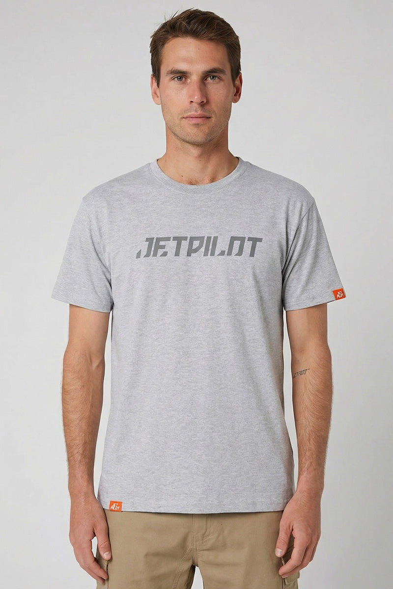 Man wearing a gray t-shirt with 'JETPILOT' logo on a white background — view 1 (3)